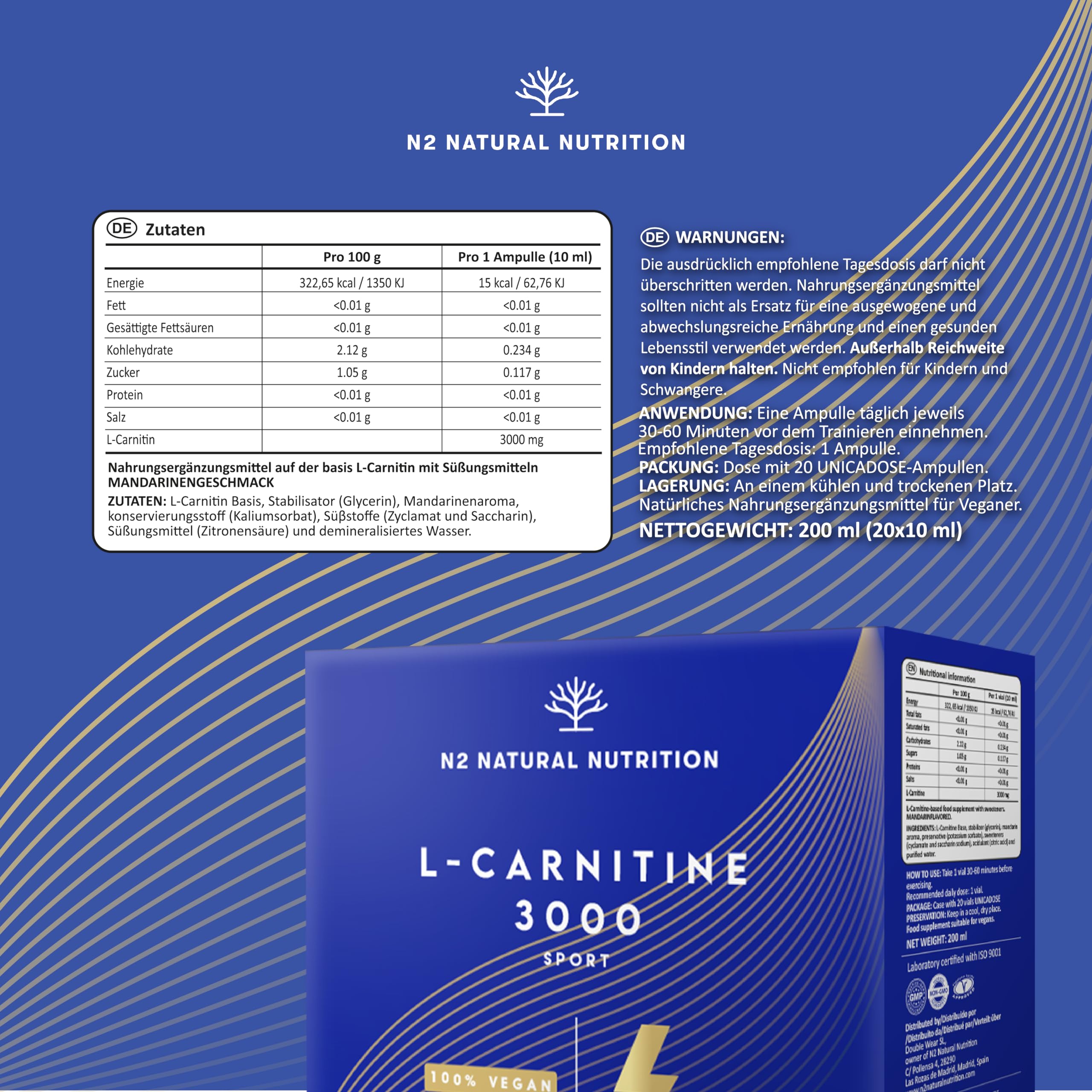 L-Carnitin 3000 Reines, 40 Ampullen, Pre-Workout Booster, Vegan, N2 Natural Nutrition