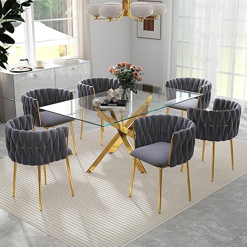 Miniatura 35 de Juego de mesa de comedor de cristal dorado de lujo para 4, juego de comedor cuadrado de 5 piezas con parte superior de vidrio transparente, juego de