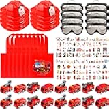 Flotory 50 Pcs Fireman Party Favors Inlcude 8 Plastic Firefighter Hat Helmets 8 Fire Handbag 16 Mini Pullback Fire Trucks Toy 8 Goggles 10 Tattoo Stickers for Kids Firefighter Theme Party Supplies