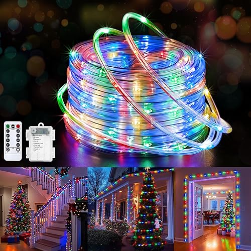 Jnaurb Tira de luces a pilas para exteriores, 33 pies, 100 LED, 8 modos, funciona con pilas, guirnalda de luces de Navidad impermeable con control