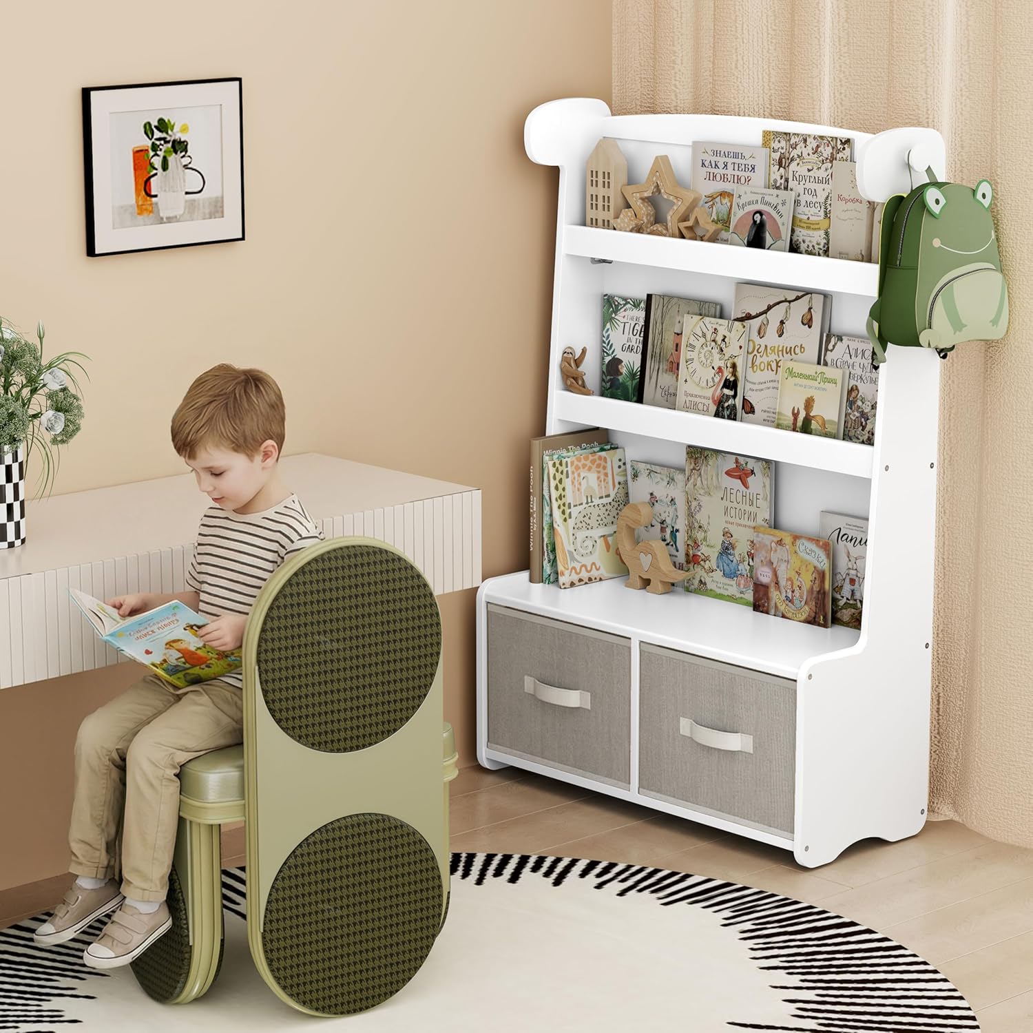 APRTAT Bamboo Kids Bookshelf with 2 Toy Storage Bins, 3-Tier Toddler Bookcase with Toy Organizer, Montessori Book Shelf for Kids Room, Nursery, Bedroom, Playroom, White