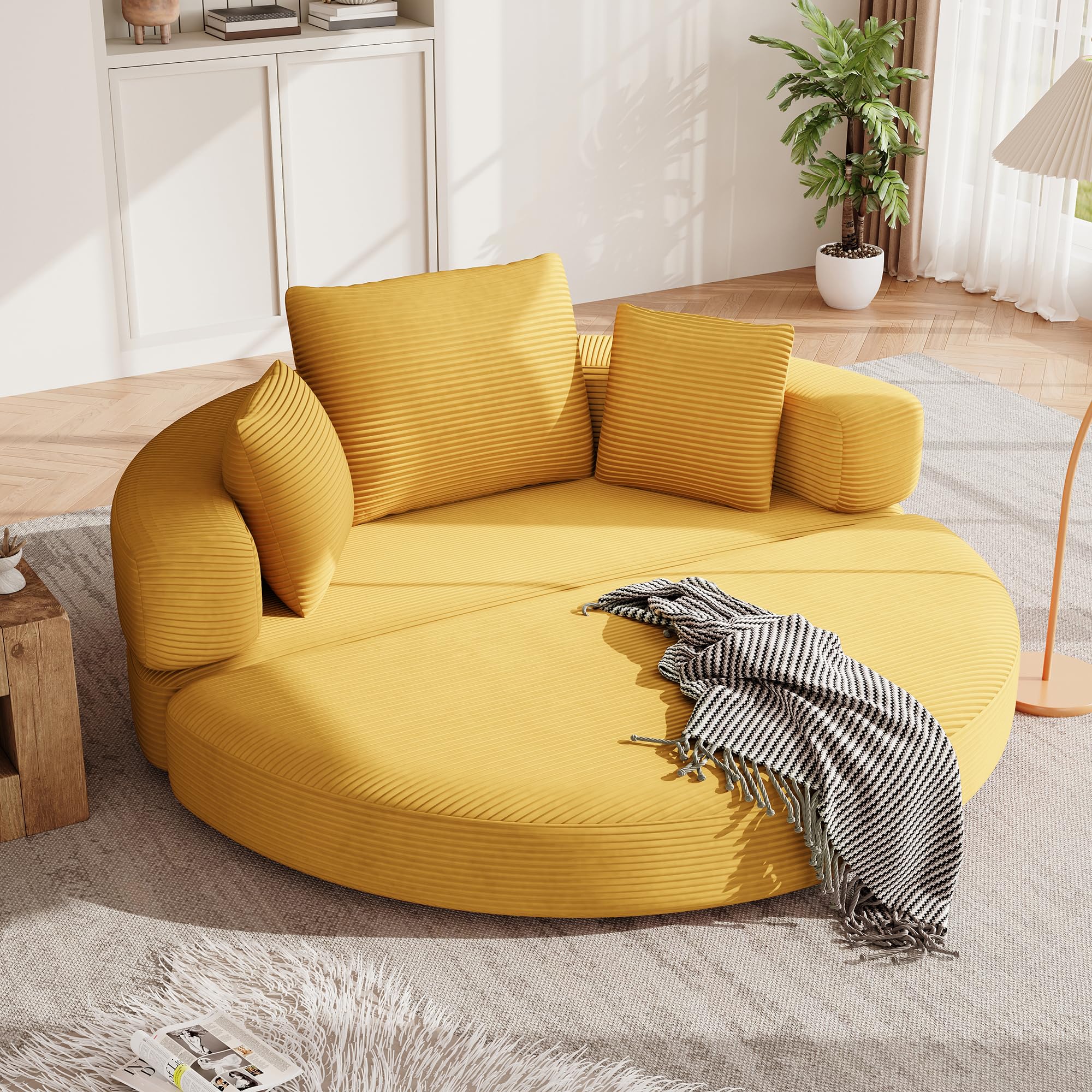 Merax Klappsofa Bett 2 in 1 Boneless Couch Schlafsofa Klappsofa Bett Gästebett Lazy Sofa Bodensofa, Modulares Bodensofa mit Kissen, oval 173x176 cm, Sofa für Wohnzimmer & Schlafzimmer,Gelb