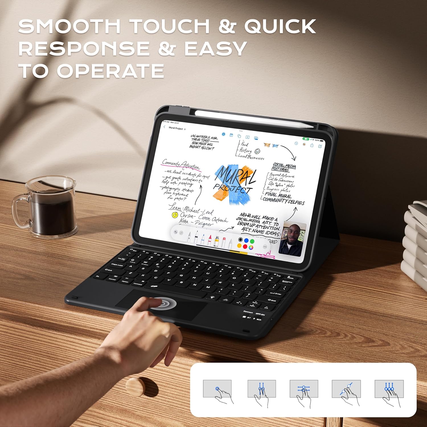 JKSML Case for iPad 10th/11th (A16) Gen with 7 Colors Backlight Touchpad Keyboard and Pencil Holder, Detachable Wireless Bluetooth Keyboard, 10.9inch/11inch Case, Backlit Trackpad-Black