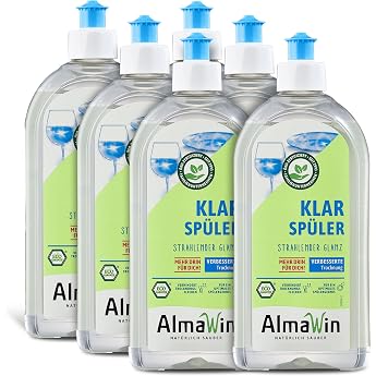 AlmaWin  Rinse Aid [6 x 500 ml] for streak-free shiny dishes - organic dishwasher rinse aid with 100% natural ingredients - rinse aid dishwasher - neutral in taste eco vegan
