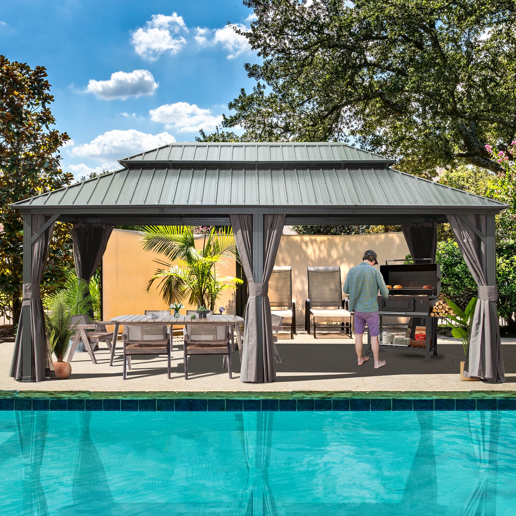 Domi 12’ x 18’ Hardtop Gazebo Metal Frame Canopy with Netting & Curtains, Outdoor Permanent Metal Pavilion with Galvanized Steel Double Roof for Patio