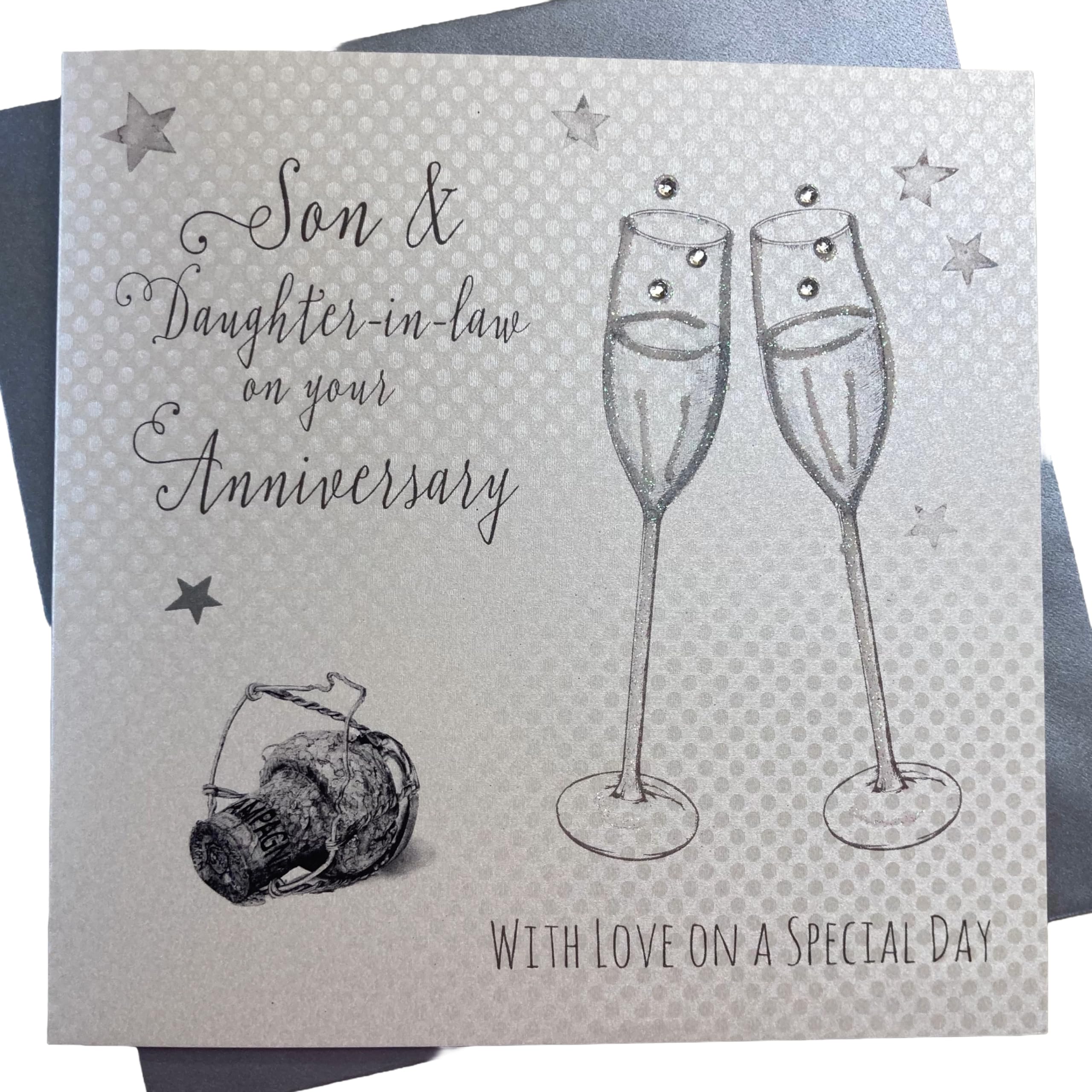 WHITE COTTON CARDS Son and Daughter-in-Law on Your Anniversary Champagne Glasses, WB173