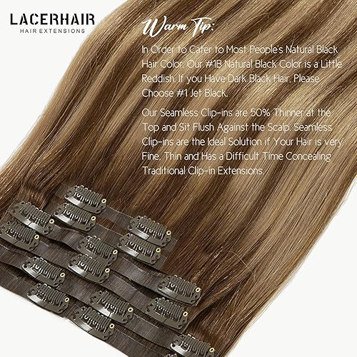 Vista 29 de Lacer Extensiones de cabello humano con clip, de doble trama, cabello brasileño de cabeza completa, color negro azabache, extensiones de cabello
