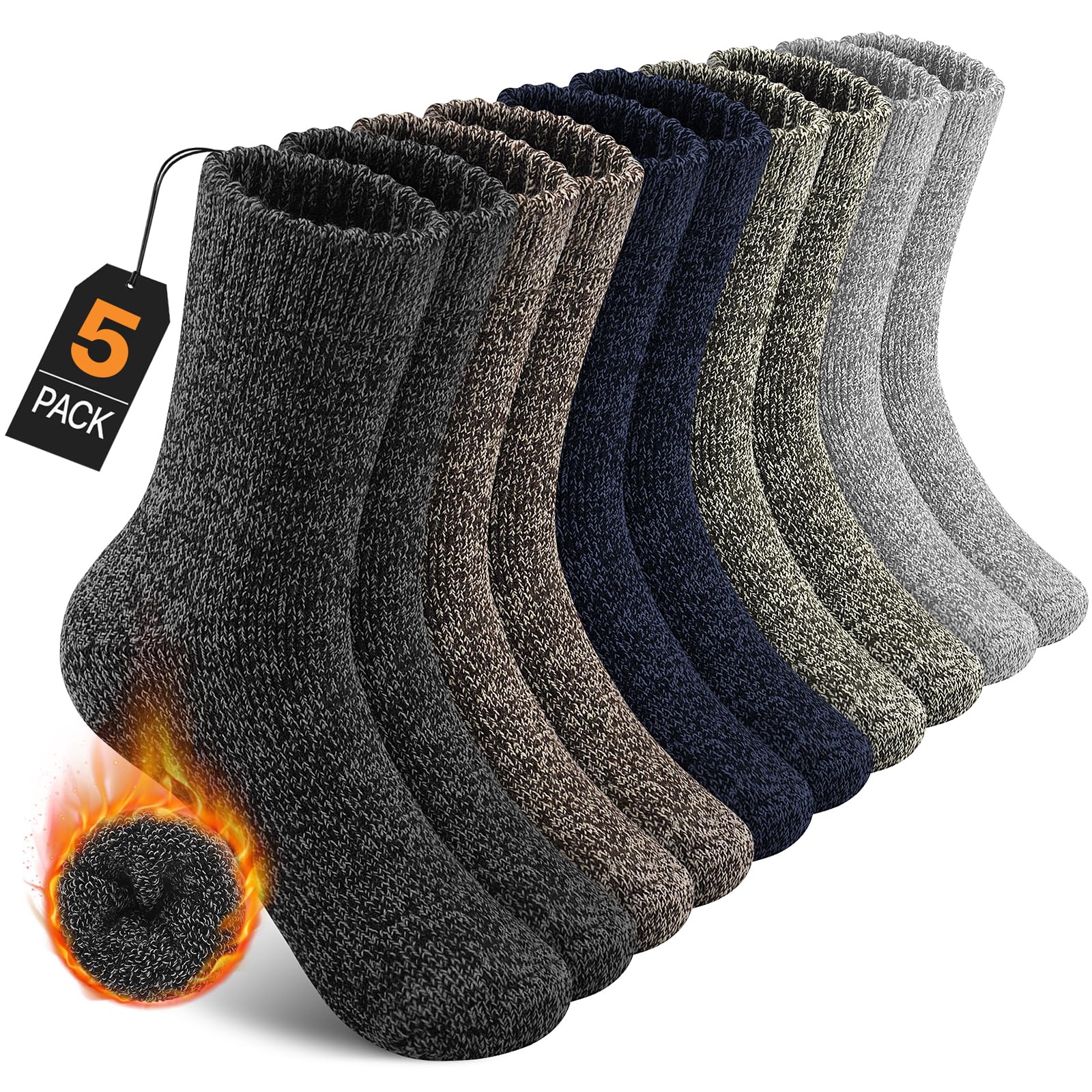 YADIFEN 5 Pairs Merino Wool Socks for Cold Weather, Wool Thermal Extra Thick Hiking Socks for Men Winter Warm Cozy