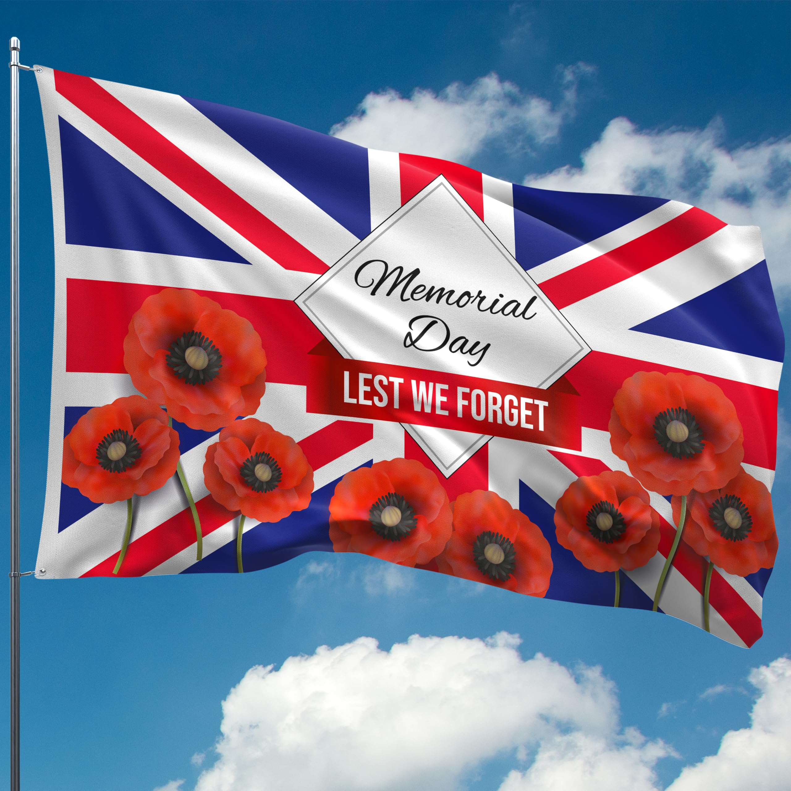 Lest We Forget Flag – Remembrance Flag on Union Jack - Red Poppy Flag for WW2 Armistice D-Day, VE Day- Double Seam - 2 brass eyelets, large 5ft x 3ft