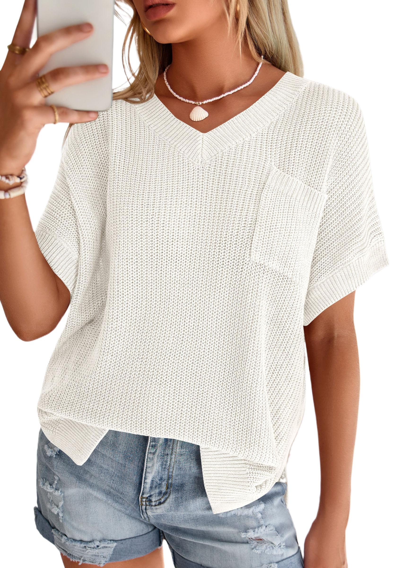 prettygarden Women's 2026 Spring Short Sleeve Sweaters Lightweight V Neck Casual Going Out Summer Tops Beach Vacation Clothes-picture-18