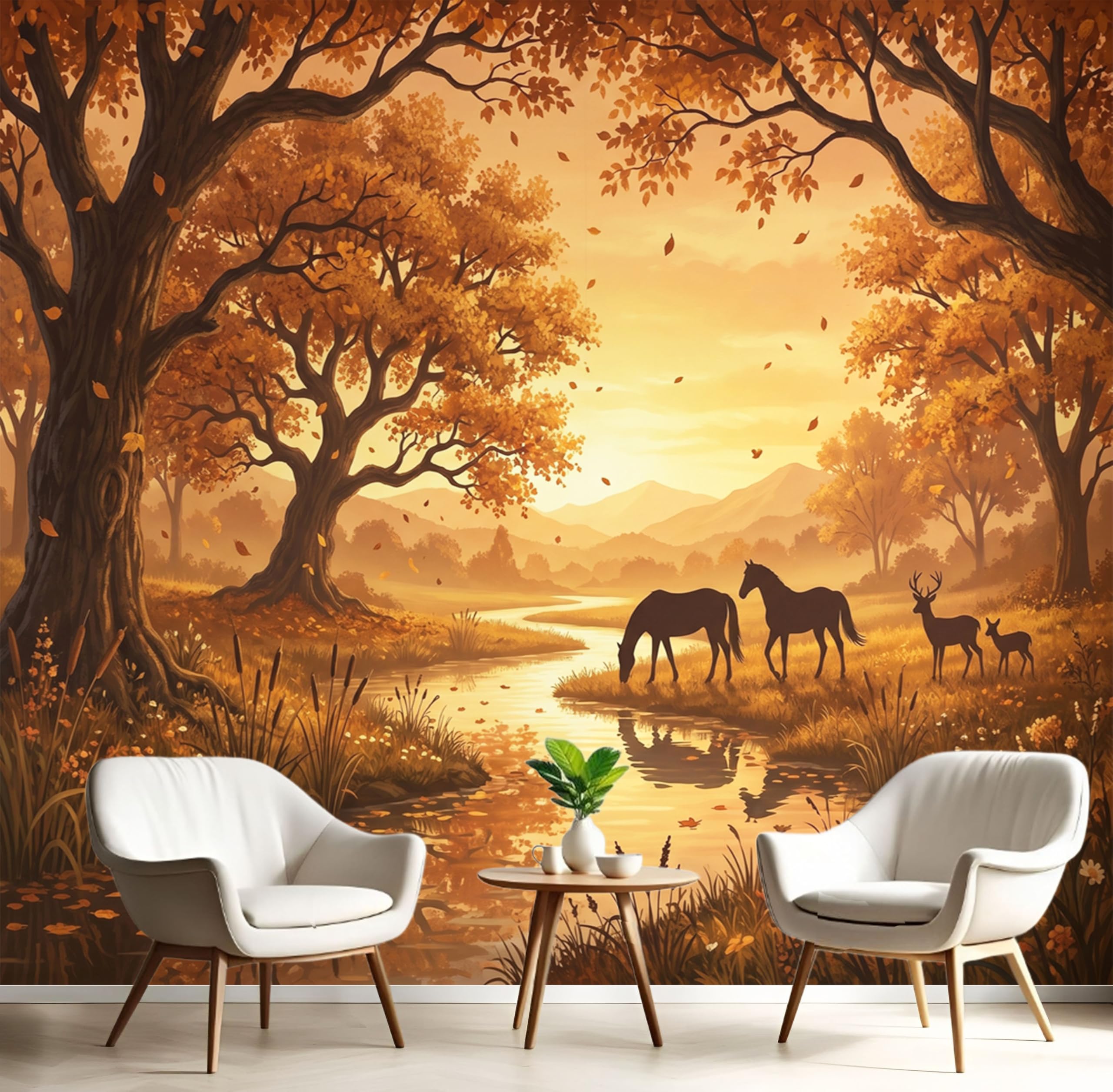 Papier peint forêt d'automne ambre, fresque murale premium
