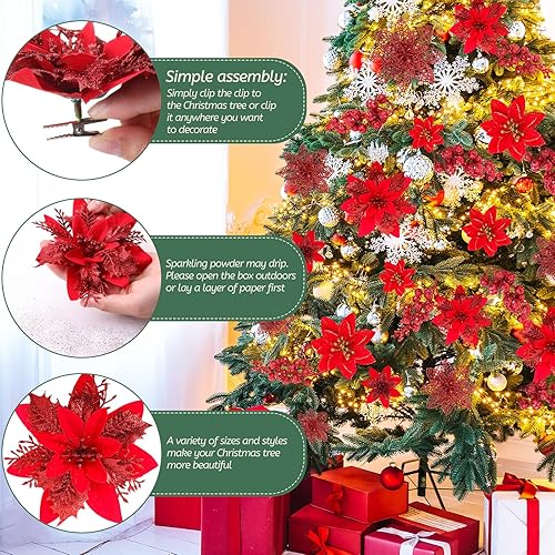 Miniatura 5 de Zeyune 36 piezas de flores de Pascua artificiales de Navidad con purpurina y clips para adornos de árbol de Navidad, Navidad, vacaciones, boda,