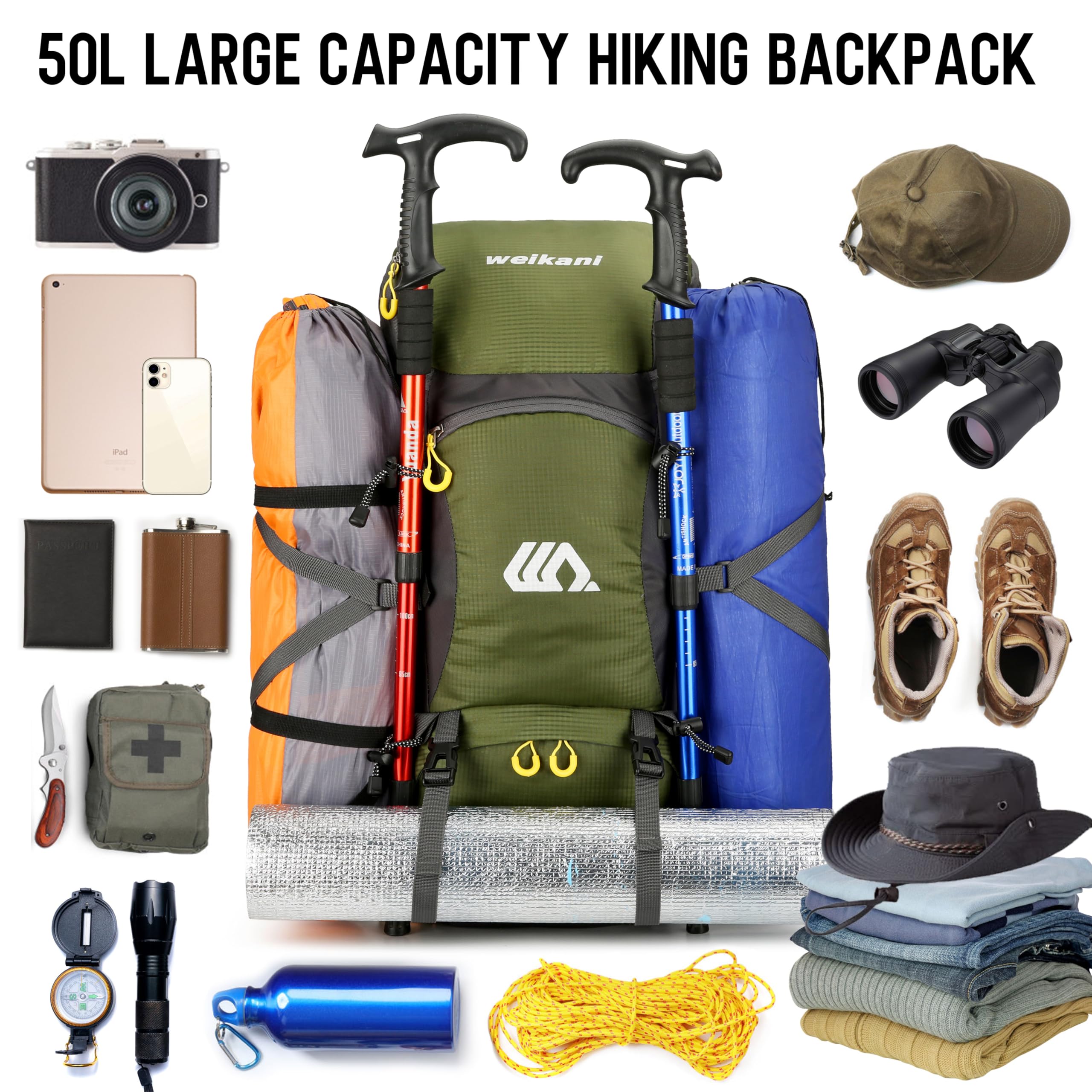 Zaino da trekking da 50 l, impermeabile, borsa multifunzione con copertura antipioggia, zaino di grande capacità, per uomo e donna, alpinismo, arrampicata, viaggi,
