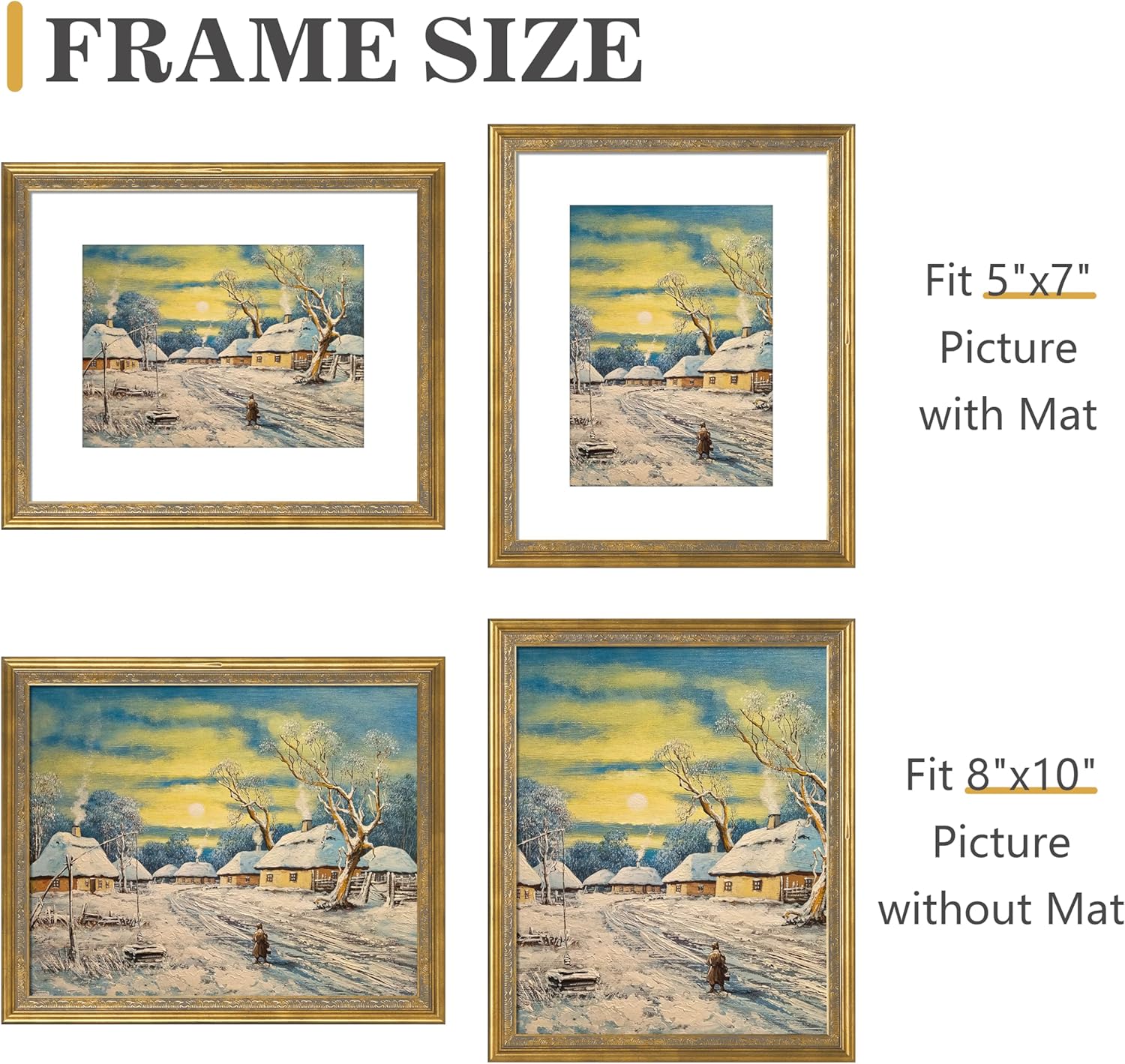 VIOLABBEY 8x10 Matte Gold Picture Frame, Display 5x7 Photo with Mat or 8x10 without Mat, Ornate Vintage 8 x 10 Matte Gold Frame for Wall Decor or Tabletop Display Matte Gold 8X10