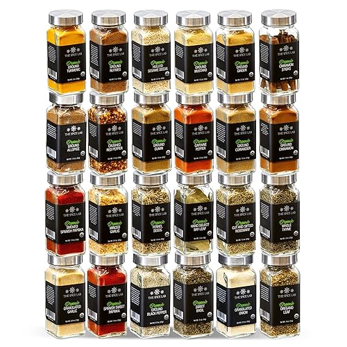 The Spice Lab Ultimate Organic Spices and Seasonings Set 24 tarros franceses Starter Spice Kit para cocinar, asar a la parrilla y barbacoa, paquete