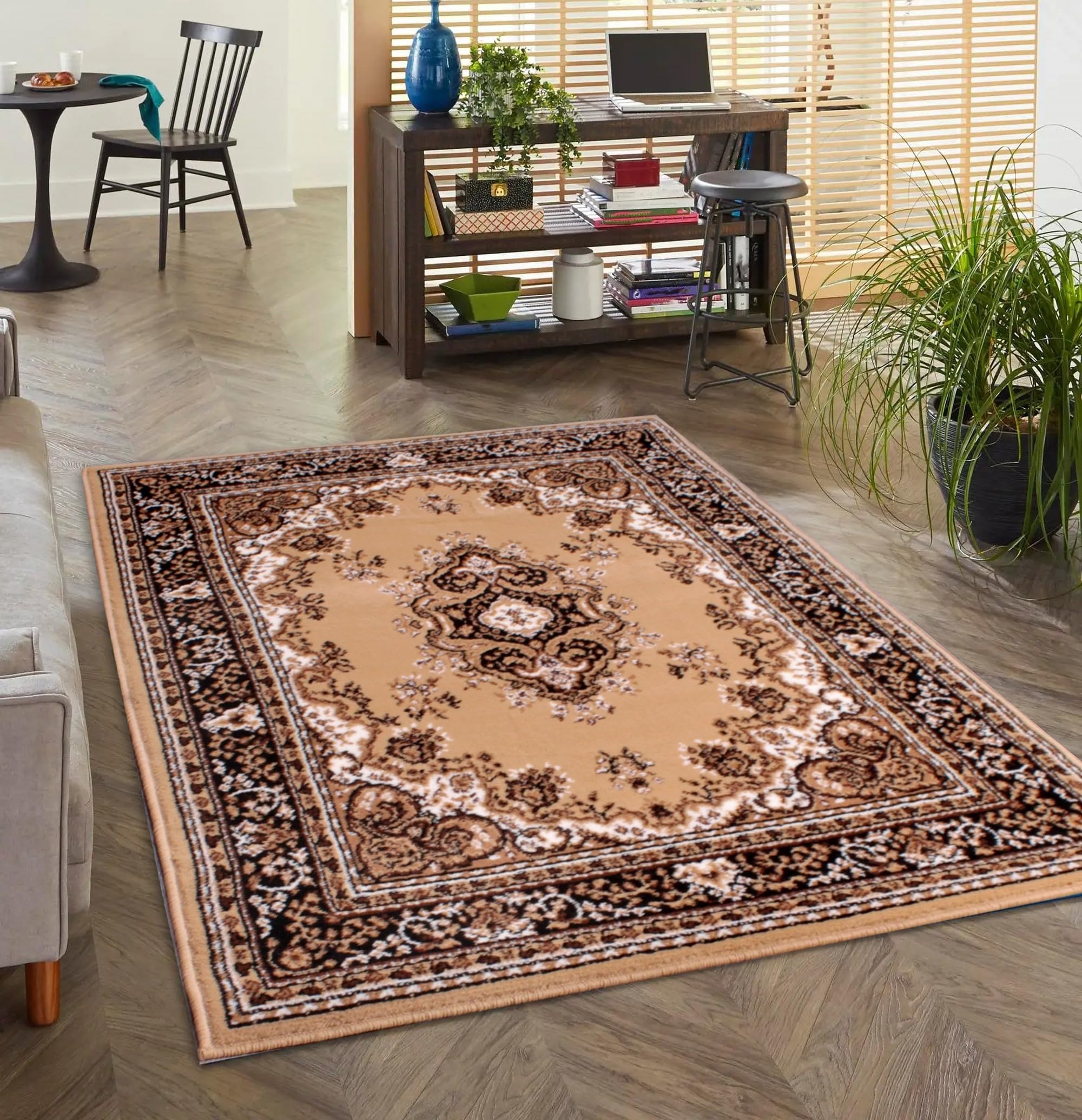 Lord of Rugs Lancashire - Alfombra tradicional para sala de estar, dormitorio, pasillos, sala de estar, alfombra clásica con borde floral, medallón oriental, alfombra bereber beige, pasillo, largo 201