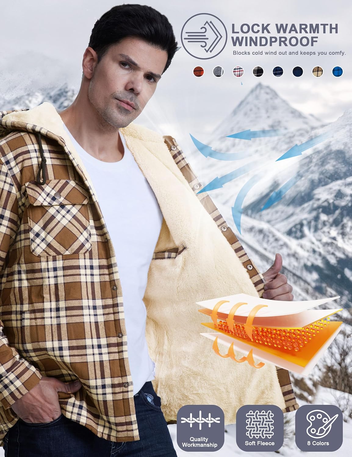 CRYSULLY Men's Flannel Jackets Sherpa Fleece Lined Hoodies Soft Warm Plaid Shirt Jacket Cotton Button Winter Coat with Hood - Image 7