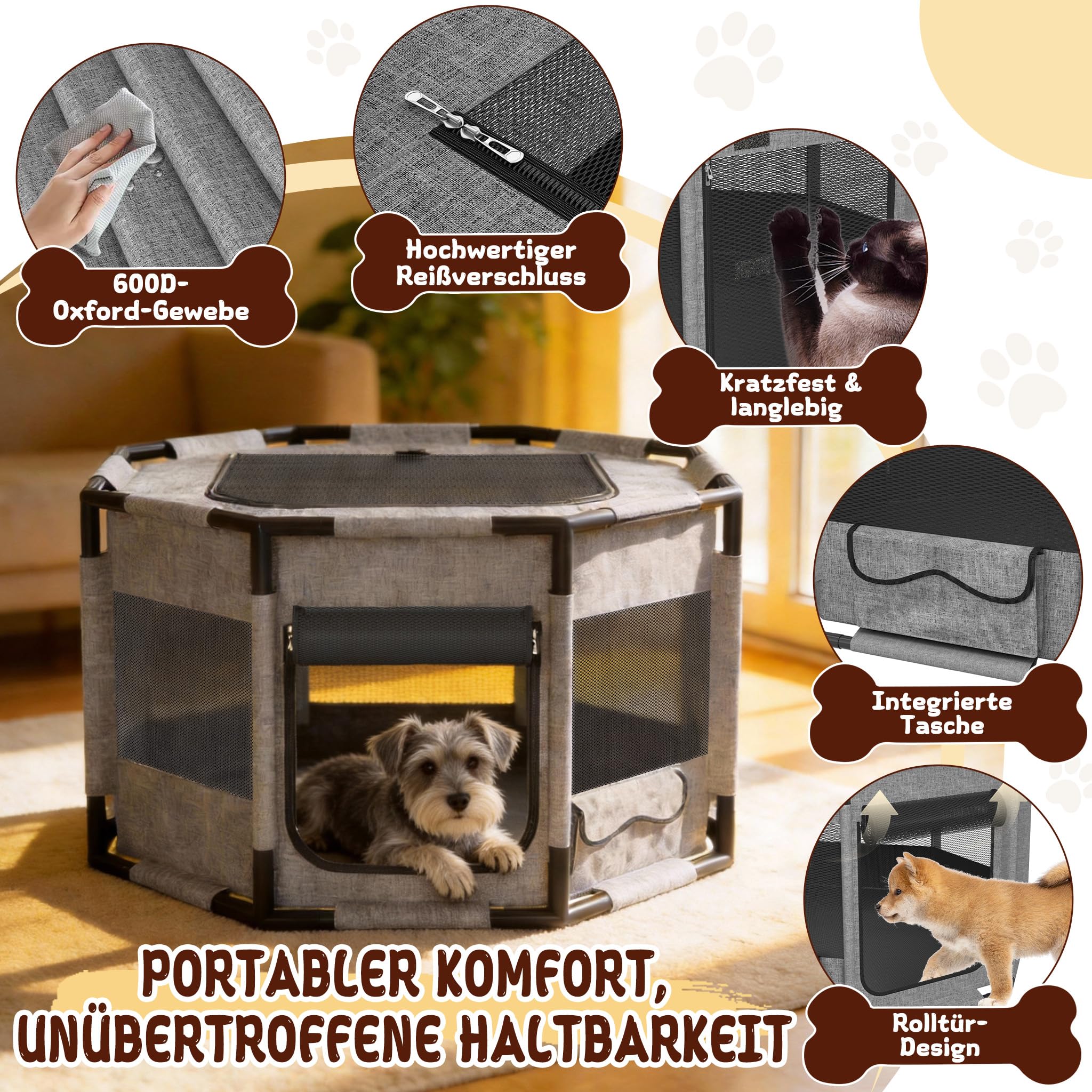 Froadp Jaula móvil para cachorros de tela Oxford 600D con marco de PVC, parque plegable para perros y gatos, con puerta con cremallera y apertura superior, gris, octogonal L