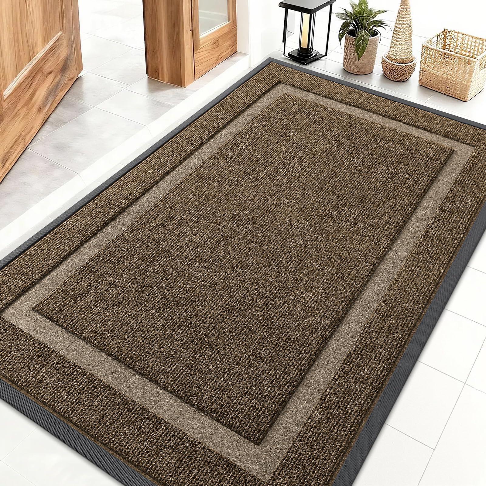 OLANLY Front Door Mat Indoor Outdoor Entrance, Waterproof All Season, All Weather Doormat Sturdy Natural Rubber, Fade Resistant, Low Profile, Easy To Clean Patio Porch Entrance Mat, 47x32,