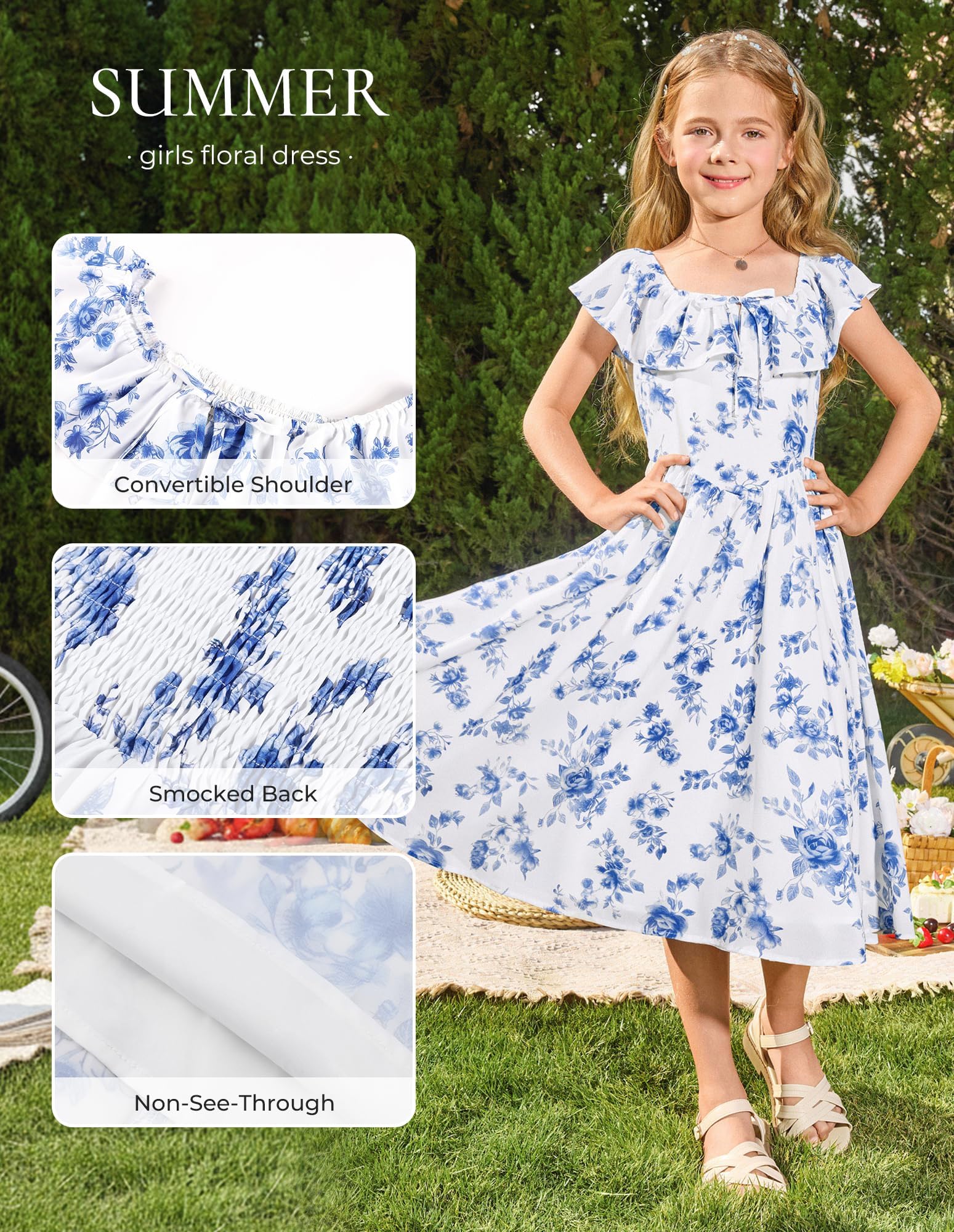 GRACE KARIN Mädchen Sommer Kleid A-Linie Blumenmuster Rüschenkragen Prinzessinkleid mit Schleife