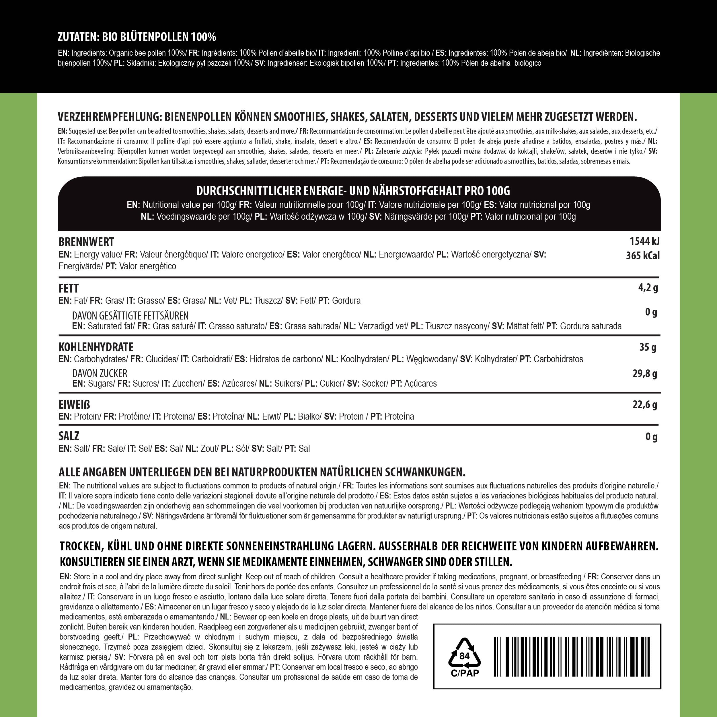 Alpi Nature Polen de Abeja Natural Orgánico 1kg, Polen de Abeja Orgánico, Gránulos Naturales