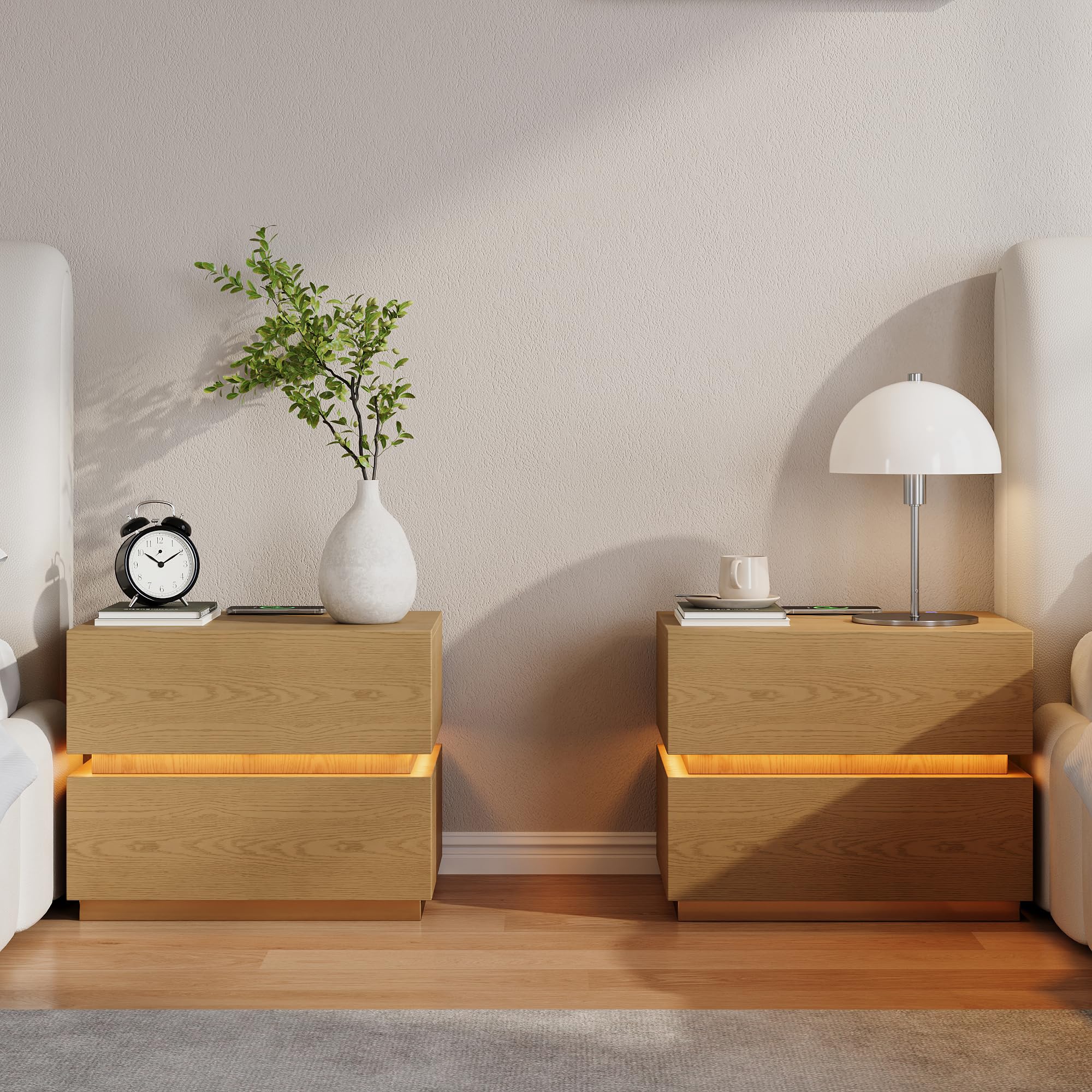 Homary LED Smart Nachttisch mit kabelloser Ladestation, Nachttisch mit Schubladen & USB-Anschlüssen, Modernes Nachtkästchen mit LED-Beleuchtung für Schlafzimmer