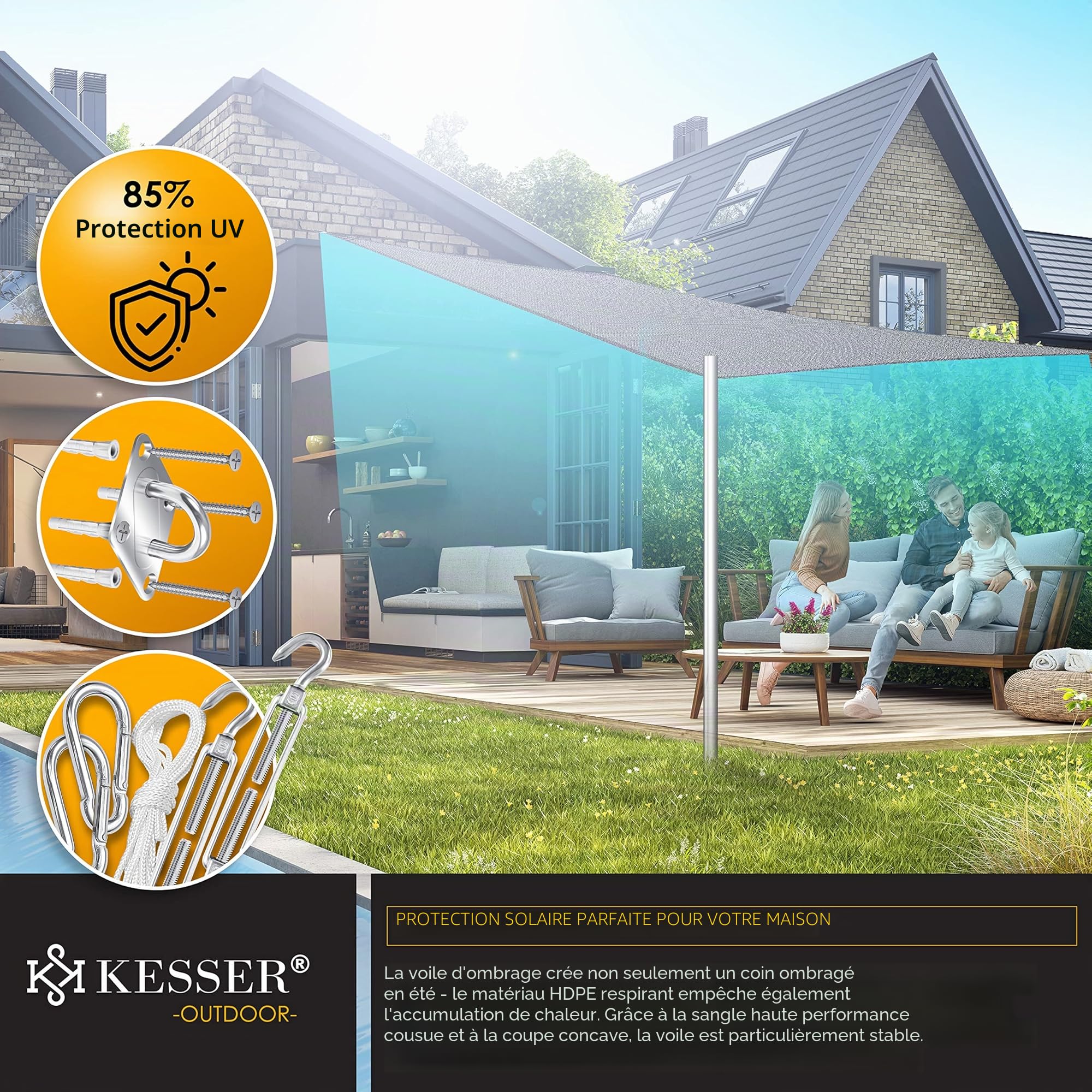 KESSER® Voile d'ombrage, Protection Solaire, Coupe-Vent, Tissu PEHD, imperméable et Coupe-Vent, Coutures transversales, Robuste et Stable, pour Jardin, Balcon, 2x2m, Gris