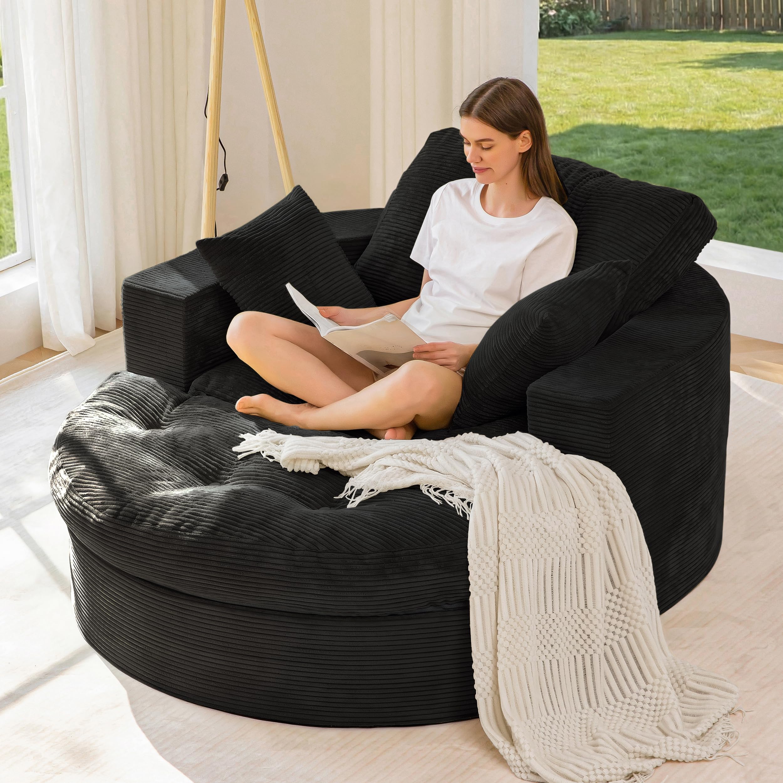 MAXYOYO Oversized Round Chaise Lounge Sofa, Boneless Chair with Ottoman | Black Upholstered Reading Chair Has a Deep Seat and 3 Pillows, with No Assembly Required for Living Rooms or Bedrooms.