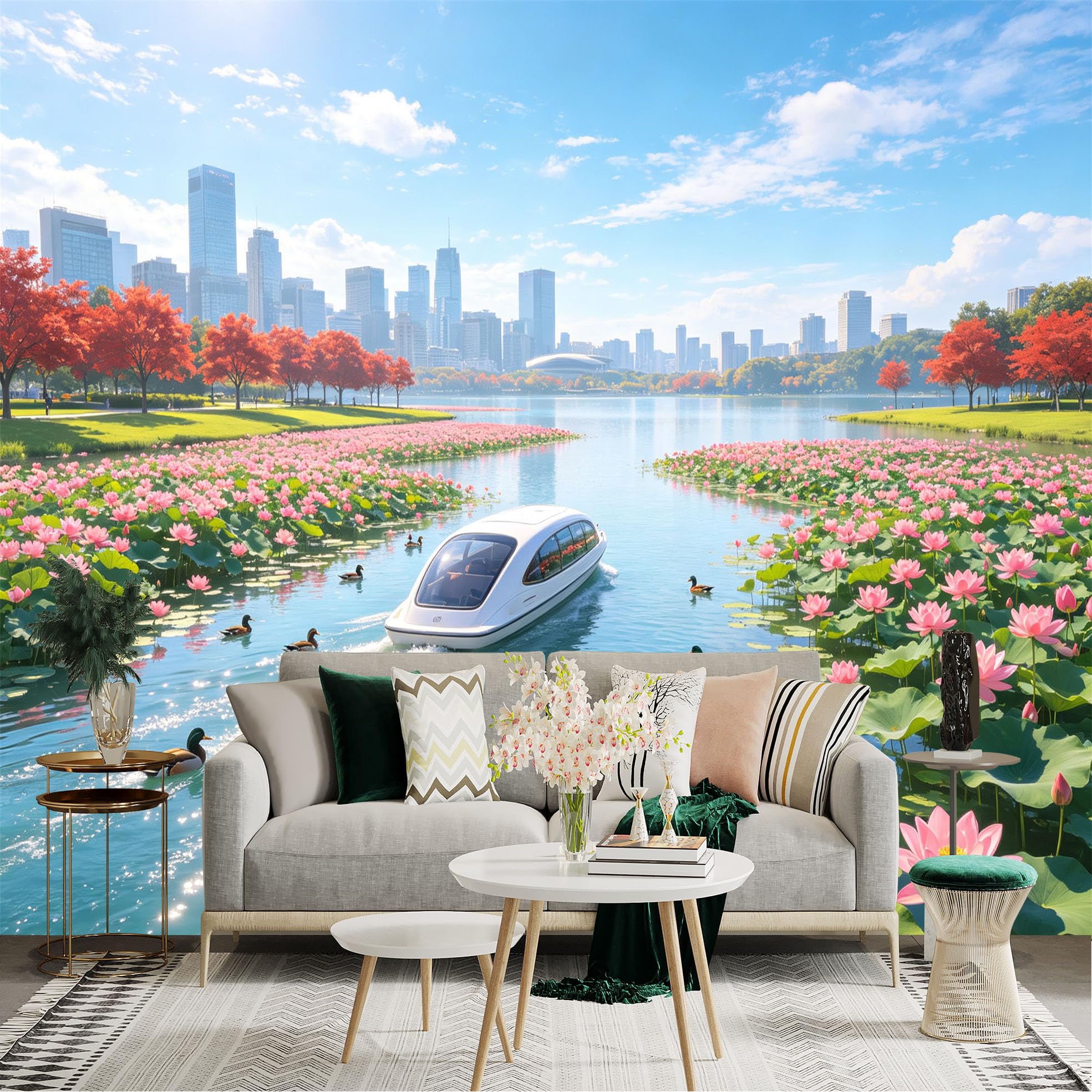 Custom Size Wall Sticker Mural， Modern City Skyline with Lotus Pond， Swimming Ducks and Scenic Boat， for wall Decoration， peelandstick wall Decals.