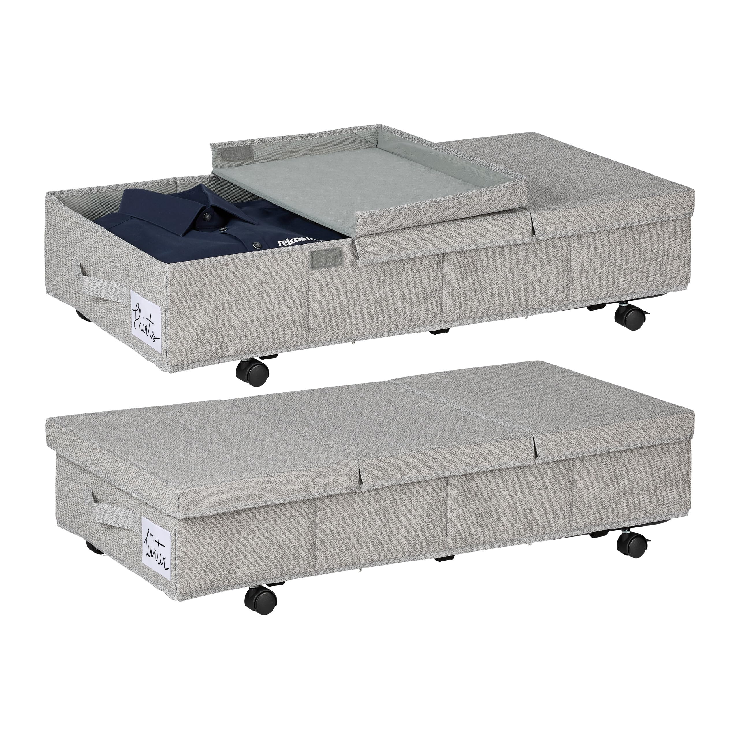 Relaxdays Unterbettkommode 2er Set – 50 L pro Box, 20 x 80 x 40 cm, grau, faltbar, mit Deckel, auf Rollen