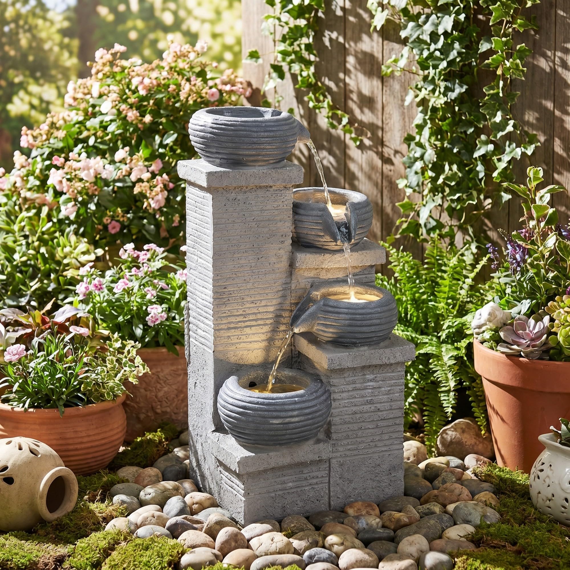 HOMASIS Fontaine de Jardin, Fontaine d'eau Extérieure 4 Niveaux avec Lumières LED, Pompe à Eau, Débit Réglable, Résine et Fibre de Verre, Cascade Décoration pour Patio Balcon, 27 x 24 x 58 cm