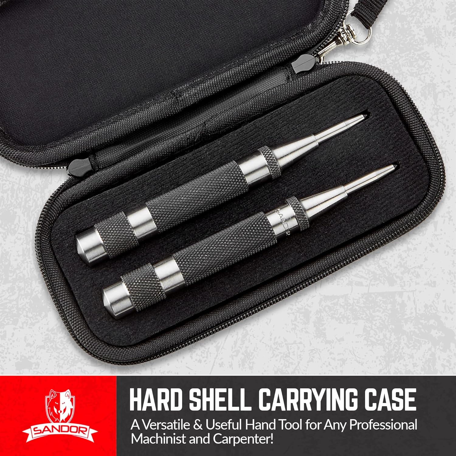 Two automatic center punches stored securely in a hard-shell zippered carry case