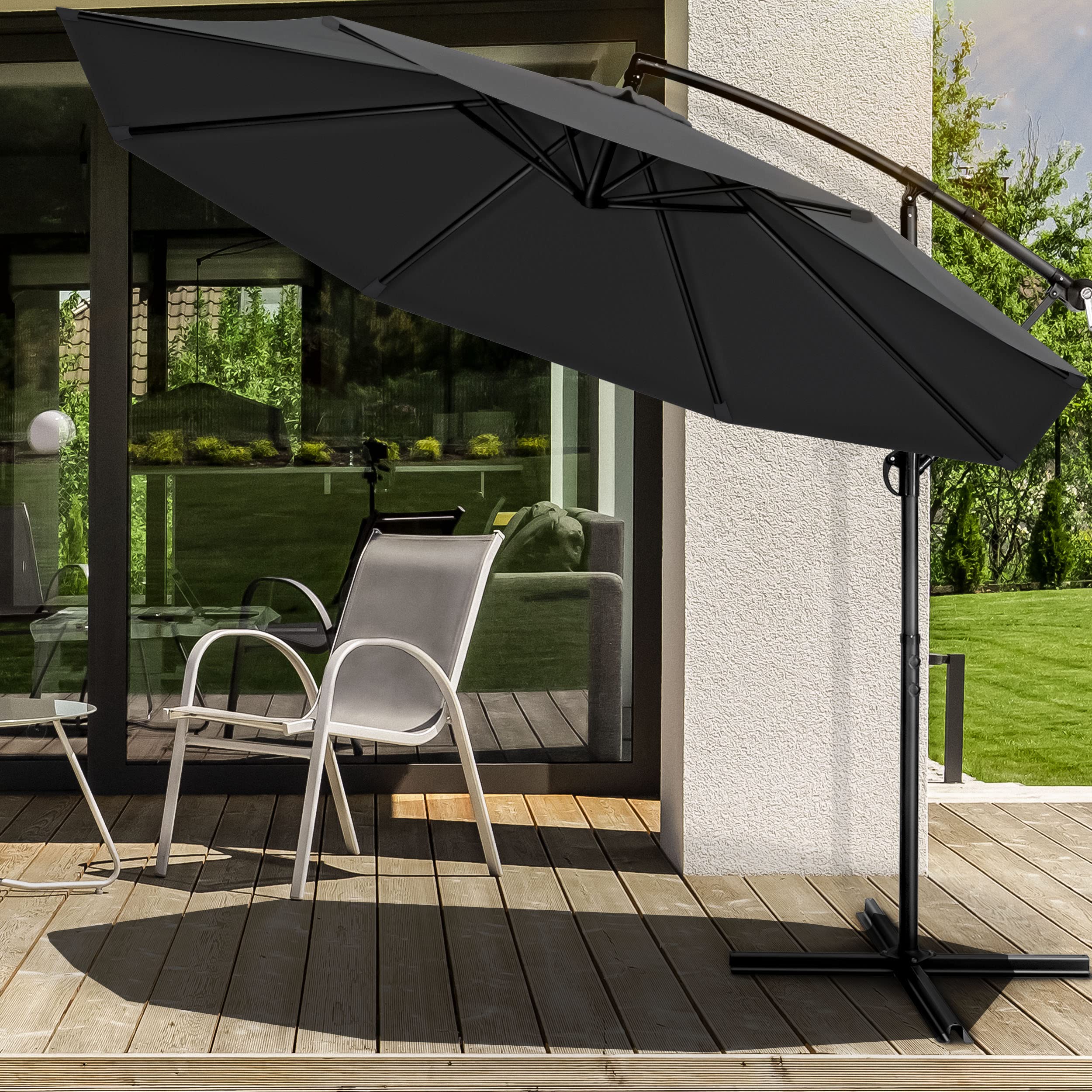 tillvex Aluminiowy parasol przeciwsłoneczny + osłona Ø 300 cm z korbą | parasol przeciwsłoneczny ze stojakiem i ochroną przed wiatrem | parasol ogrodowy, ochrona przed promieniowaniem UV, aluminium,
