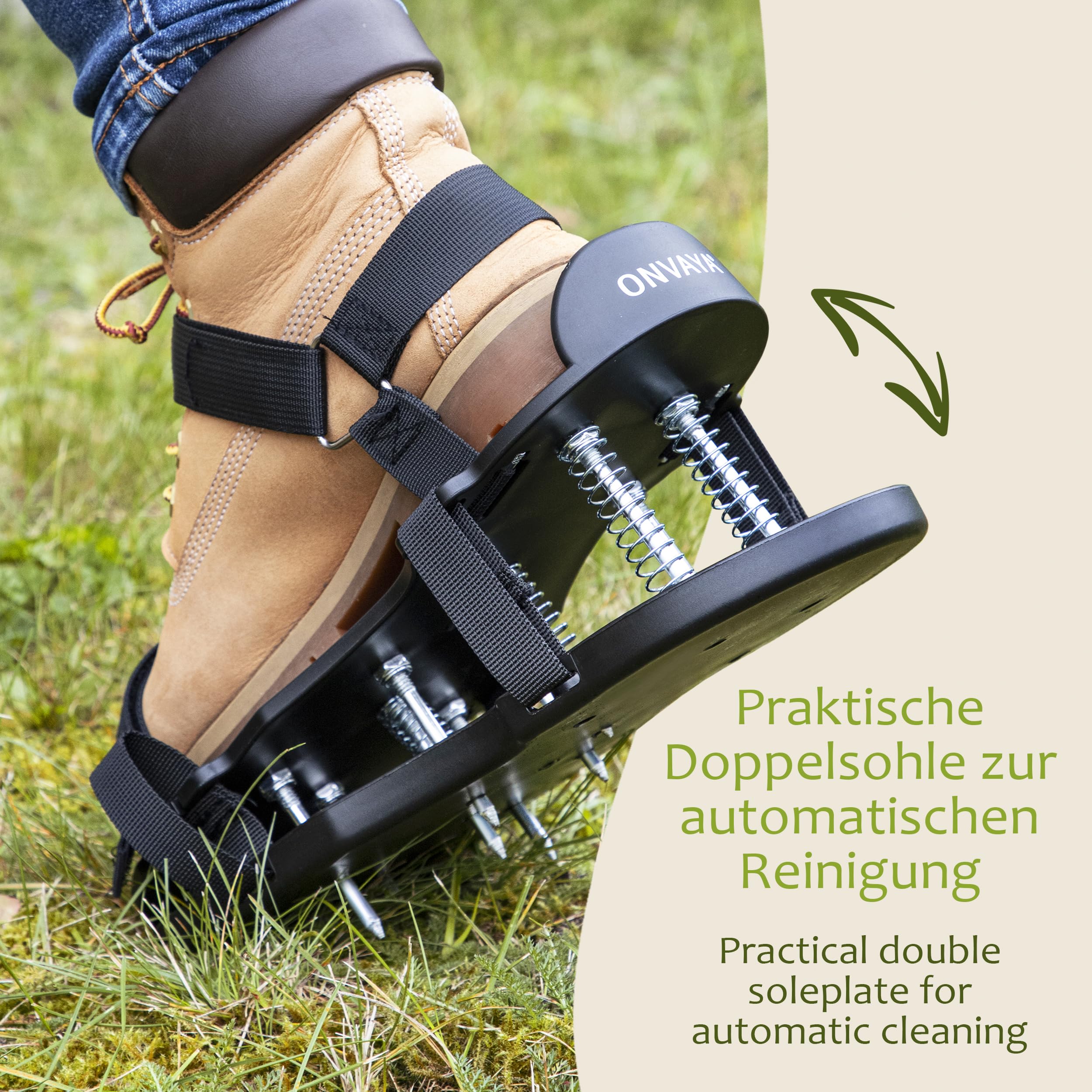 ONVAYA® Rasenlüfter-Schuhe ǀ Doppelsohle mit Federn ǀ passend für die Schuhgrößen 37 bis 47 ǀ mit verstellbarem Klettverschluss ǀ Nagelschuhe zur Rasenbelüftung
