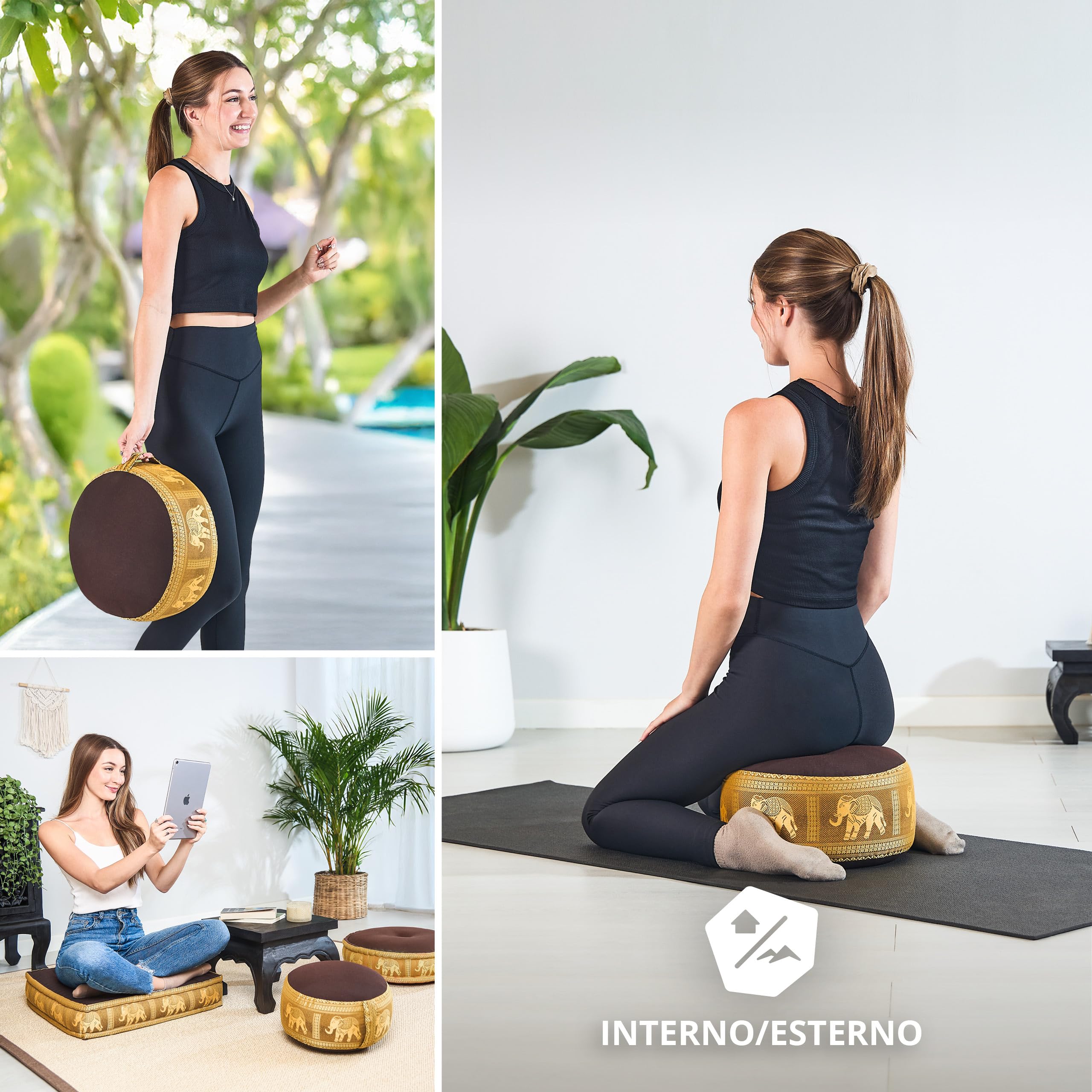 livasia Cuscino da Meditazione Seta thailandese - Ø 32x20cm - Cuscino per Yoga Piccolo kapok, Pouf, Cuscino da Pavimento Yoga Zen, Cuscino Giardino Balcone, Fatto a Mano (Marrone/Oro/Elefanti Seta)