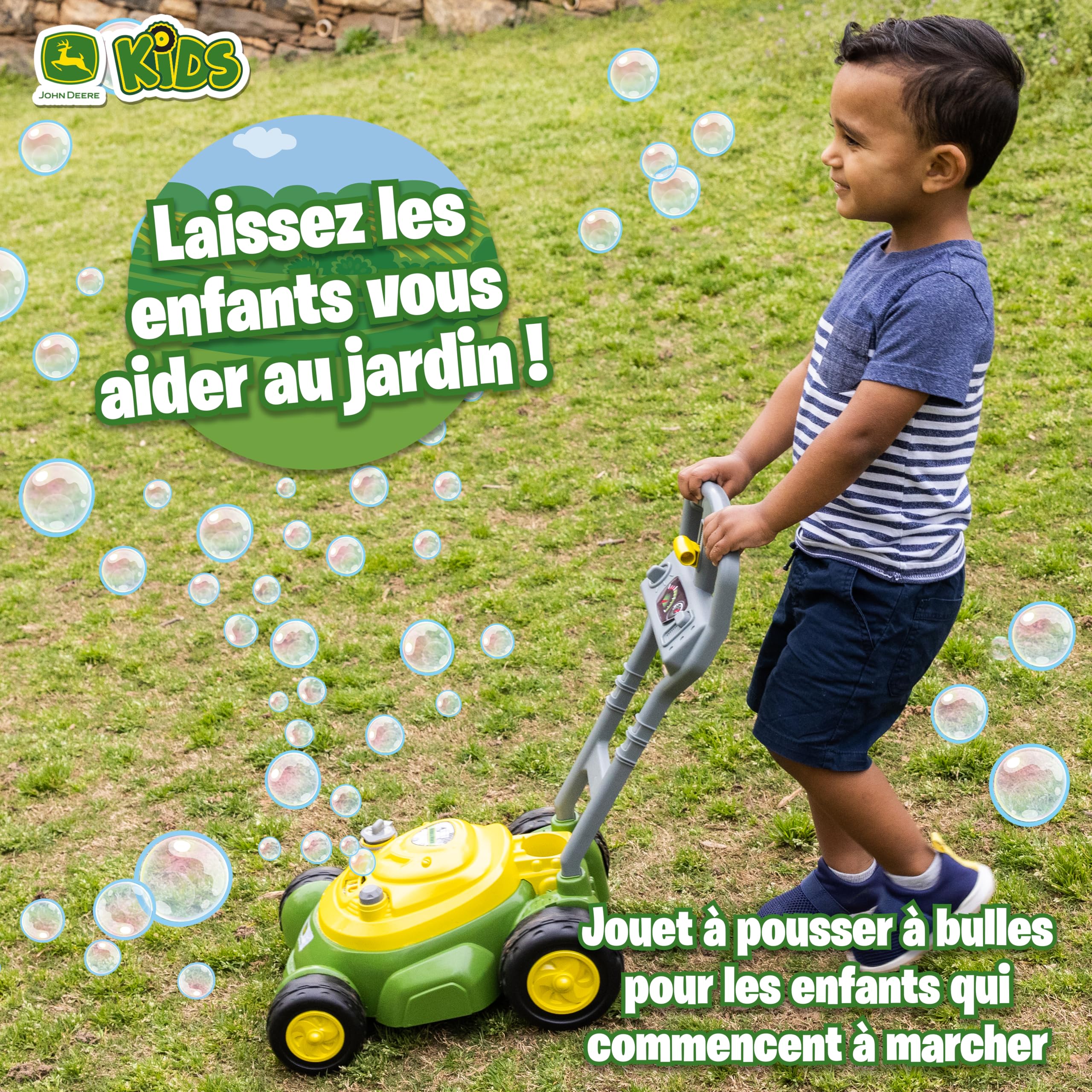John Deere Tondeuse à Bulles pour Enfants, Jouet de Jardin Extérieur avec Machine à Bulles, Son Réaliste sans Piles, Jeu d’Imitation pour Filles et Garçons, Solution à Bulles Incluse, Dès 2 Ans