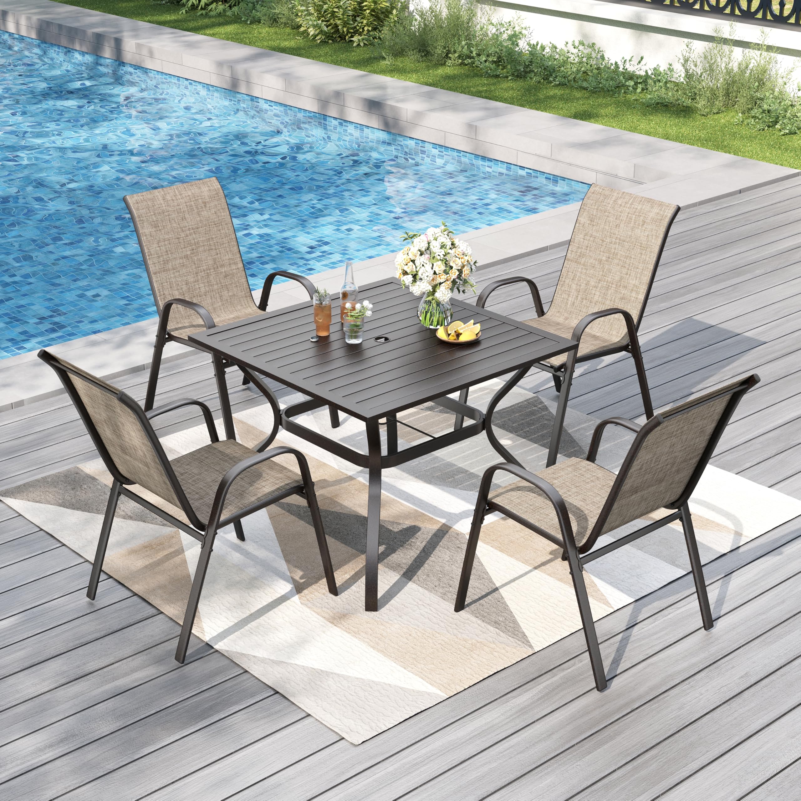PHI VILLA Garden Table and Chairs for 4, 5 Pieces Outdoor Dining Set with 1 Square Metal Table and 4 Stackable Textilene Chairs, 4 Seater E-Coating Patio Table Set for Backyard Porch Poolside