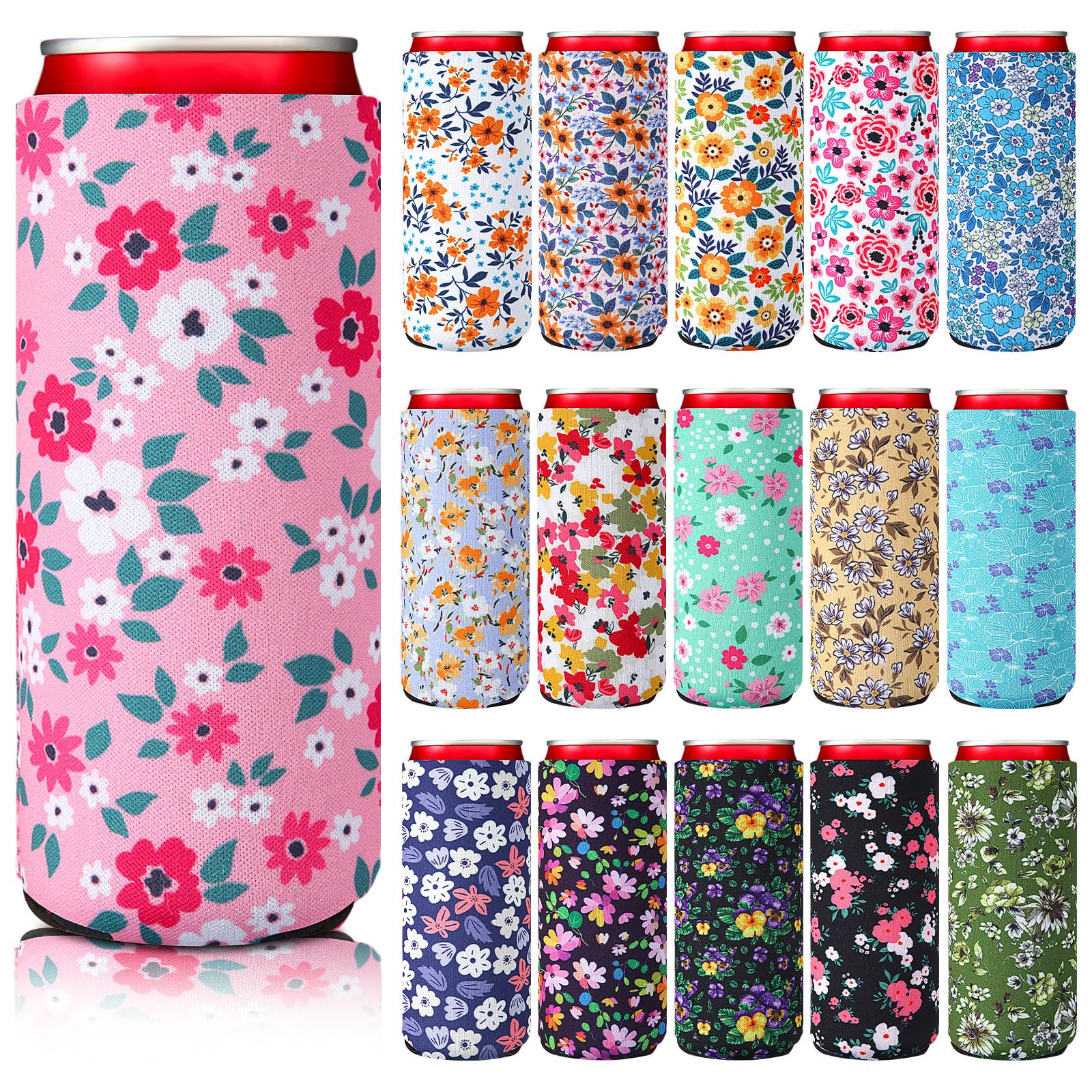 Pickmesh 16 Pcs Summer Flower Slim Beer Can Sleeve Neoprene Drink Cooler Sleeves Flowers Pattern Insulated Can Holders for Beverages Soda Bottles