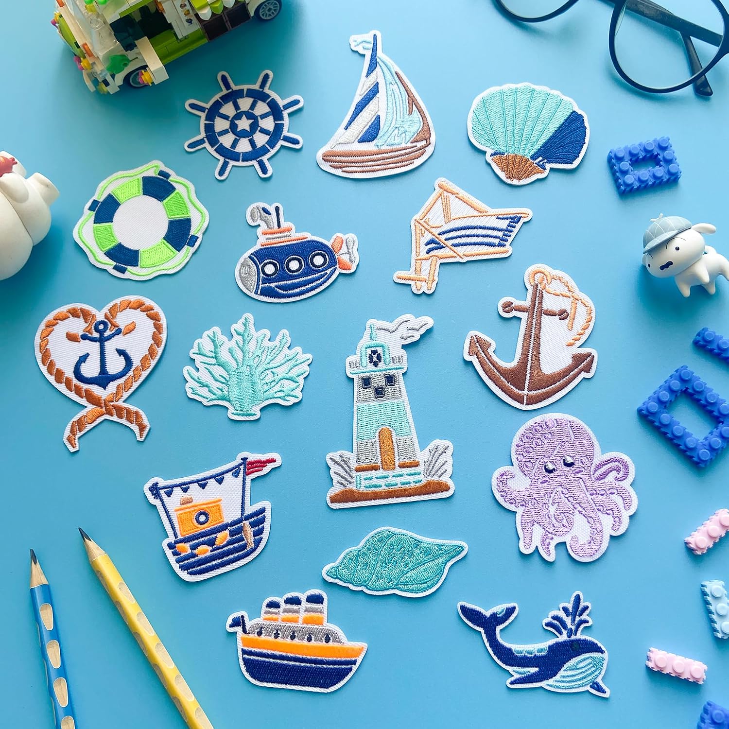 Jongdari 15pcs Summer Ocean Iron on Patches for Clothes, Cute Ship Sea Beach Embroidered Trucker Hat Sew on Applique Kawaii Repair Patch for Bags Jackets