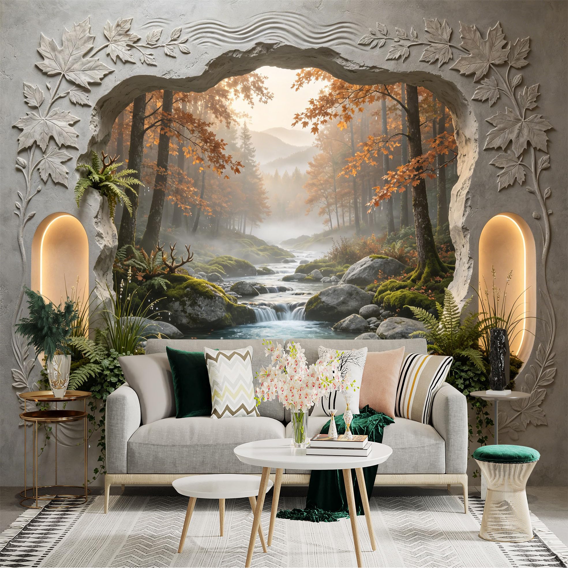Custom Size Wall Sticker Mural， Autumn Forest with River， Waterfall and Misty Mountains， for wall Decoration， peelandstick wall Decals.