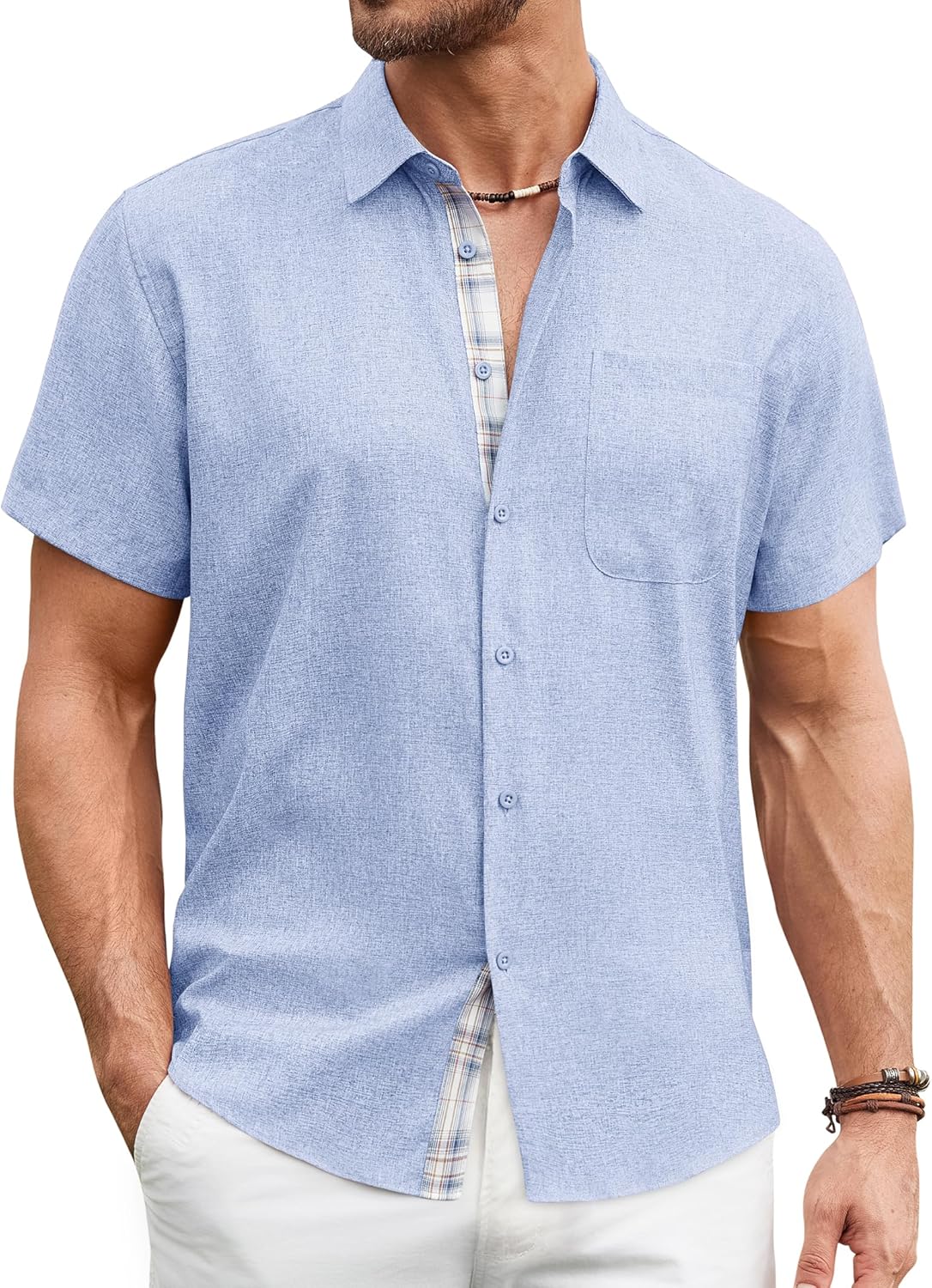 DEMEANOR Mens Linen Shirts Short Sleeve Wrinkle Free Untucked Shirt Casual Summer Beach Wedding Button Down Top with Pocket