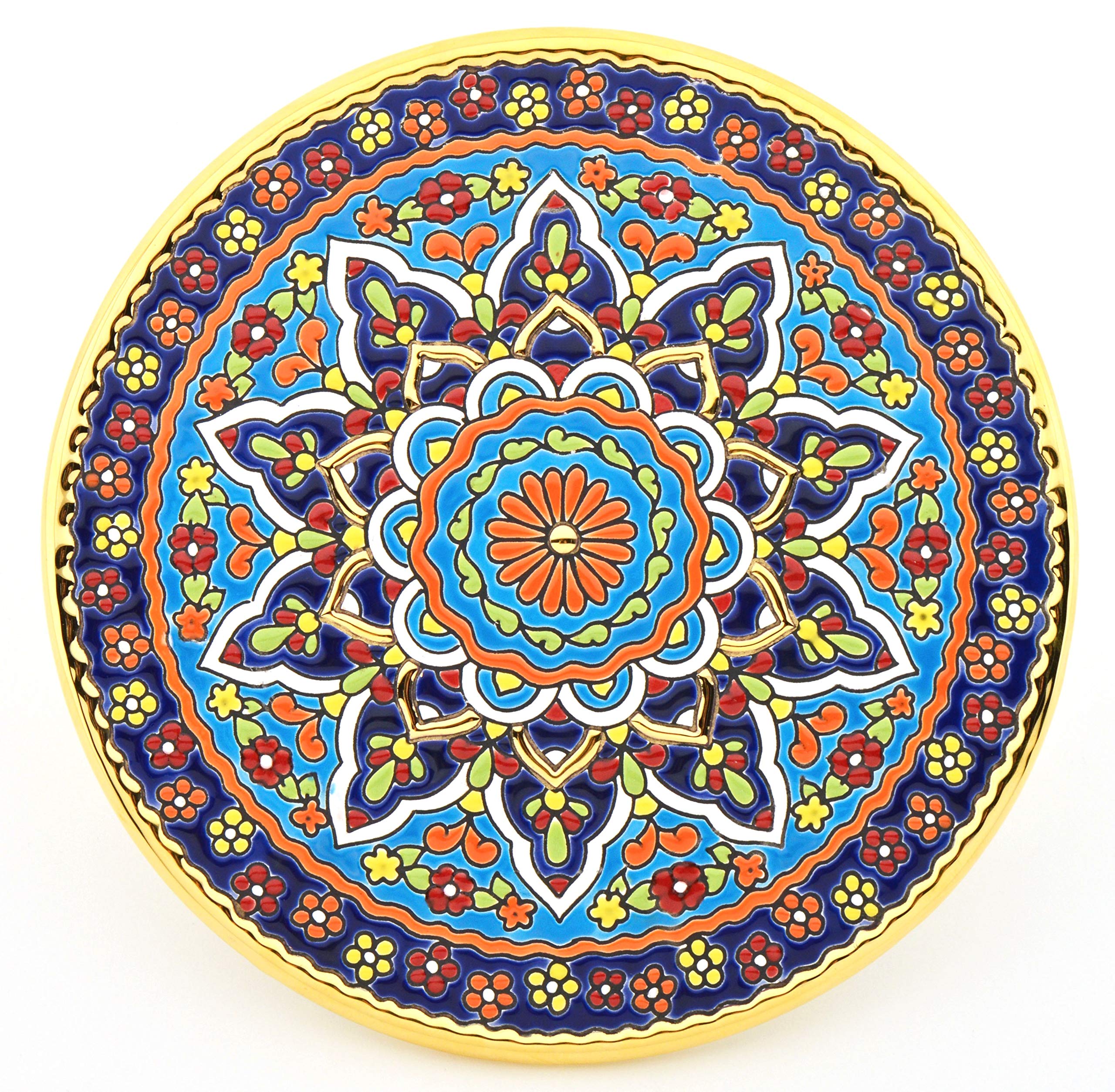 Art Escudellers Model 8001 Gold Wall Plate Model 8001, Decorative Ceramic Plate For Hanging Handpainted With The Dry Rope (Cuerda Seca) Technique Gold Of 24 K (Carat). 21Cm Diameter.