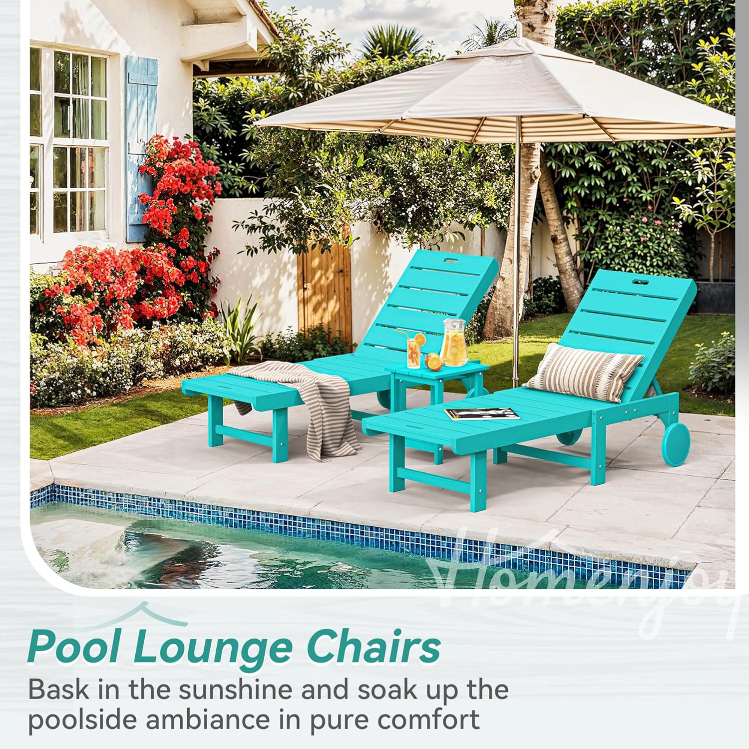 Outdoor Chaise Lounge Chairs Set of 2, 2-Piece, 26.8” Super Wide Lounge Chair Outdoor, HDPS Pool Chairs with 5 Positions, Patio Lounge Chair with Wheels for Pool,Lawn,Backyard, Aruba Blue
