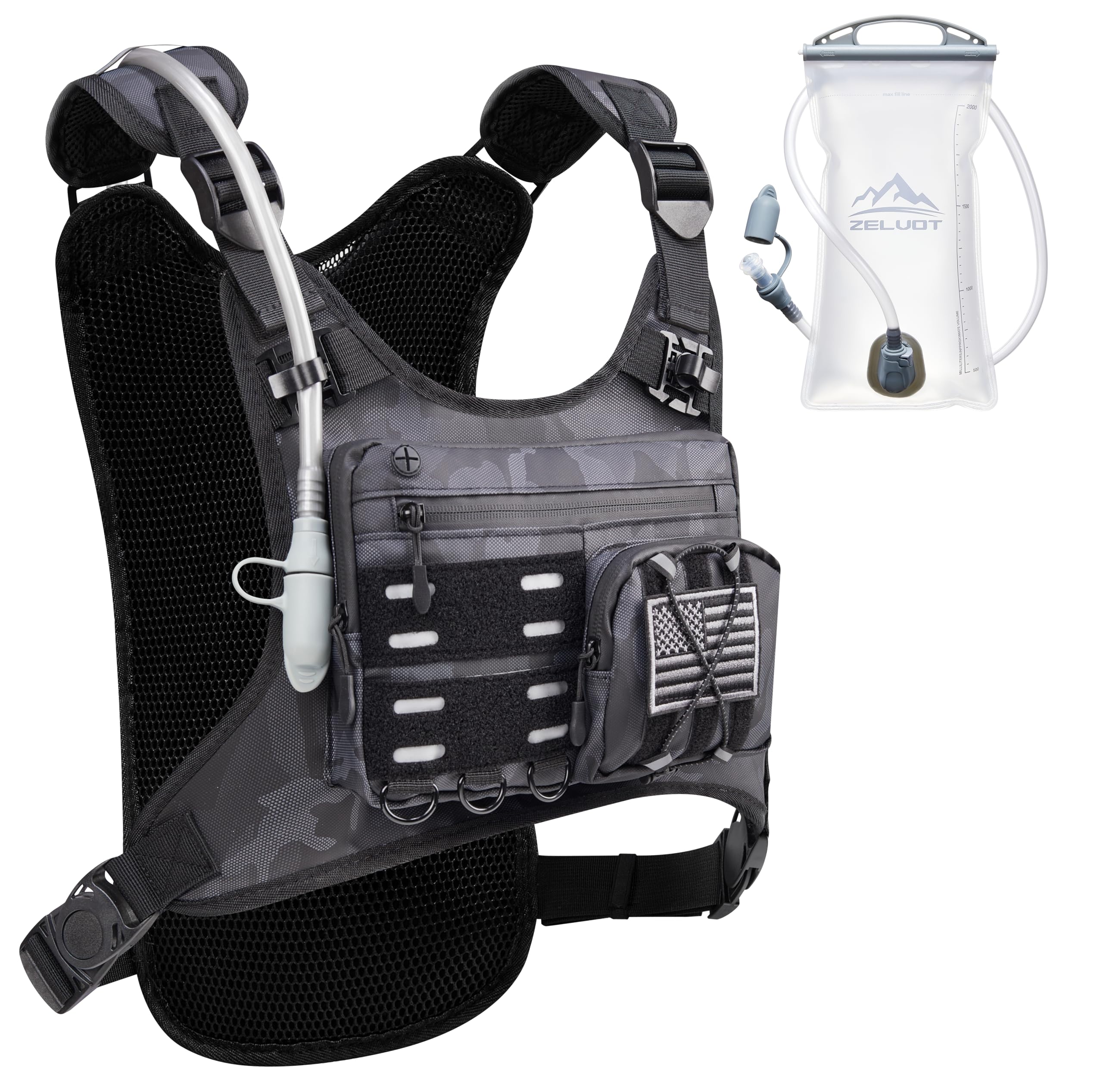 Photo 1 of Zelvot Running Vest with 2L Water Bladder, Hydration Backpack, U.S. Design Patent, Lightweight Hydration Pack with Gear Holder, Reflective Chest Pack for Men Women for Marathon (Black Camo, M/L)