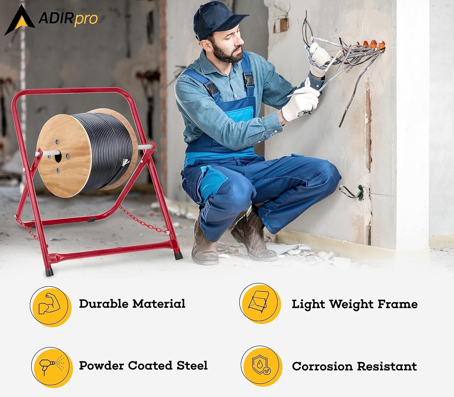 AdirPro Single Axle Cable Reel Caddy | Industrial Steel Wire Dispenser with Adjustable Spindle | Holds Reels Up to 20 in Diameter & 100 lb | Portable Design | Red