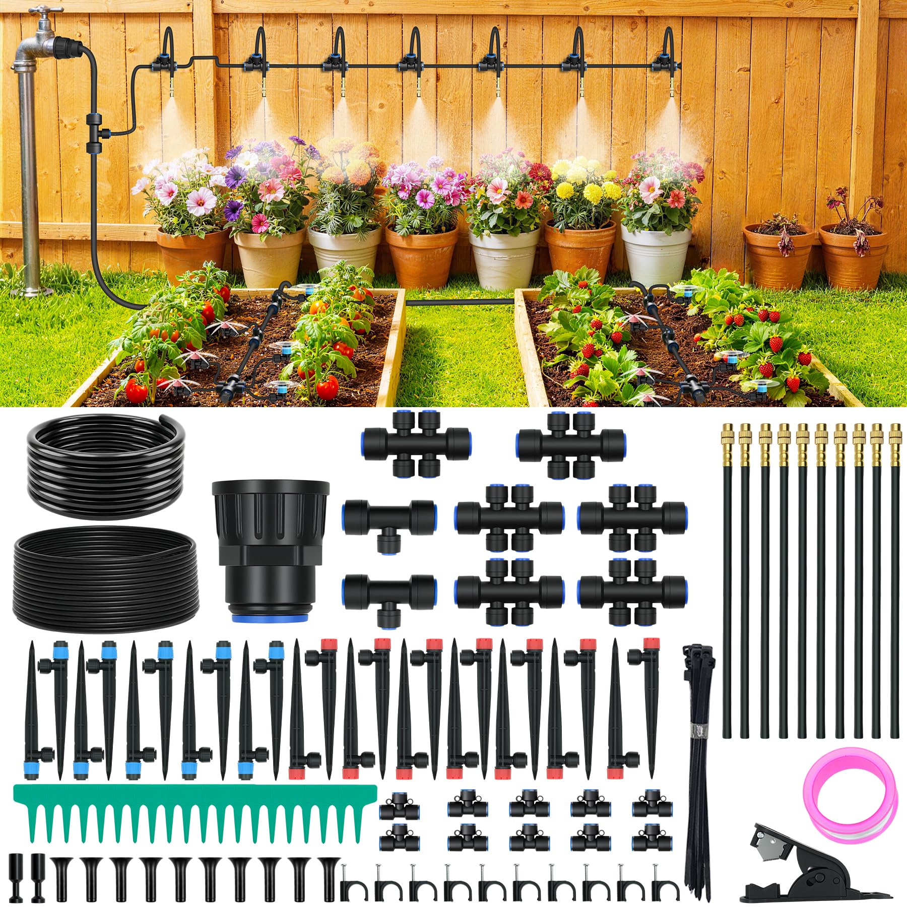 Kit di irrigazione a goccia da 60 m con connettori push-fit, sistema di irrigazione automatico da giardino fai da te, design a risparmio idrico aggiornato 2026 con 3 ugelli regolabili per cortile