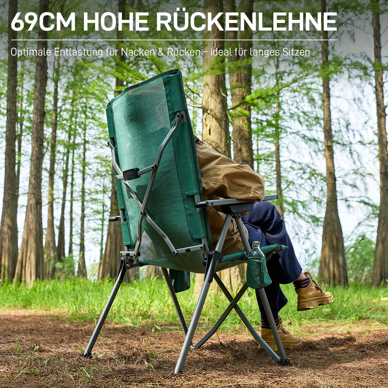 EVER ADVANCED Campingstuhl Faltbar Rückenverstellbar in 4 Positionen Klappstuhl Hohe Lehne bis 160KG, Gartenstuhl aus Netzgewebe mit Seitentasche Getränkhalter, Anglerstuhl für Camping Garten Balkon