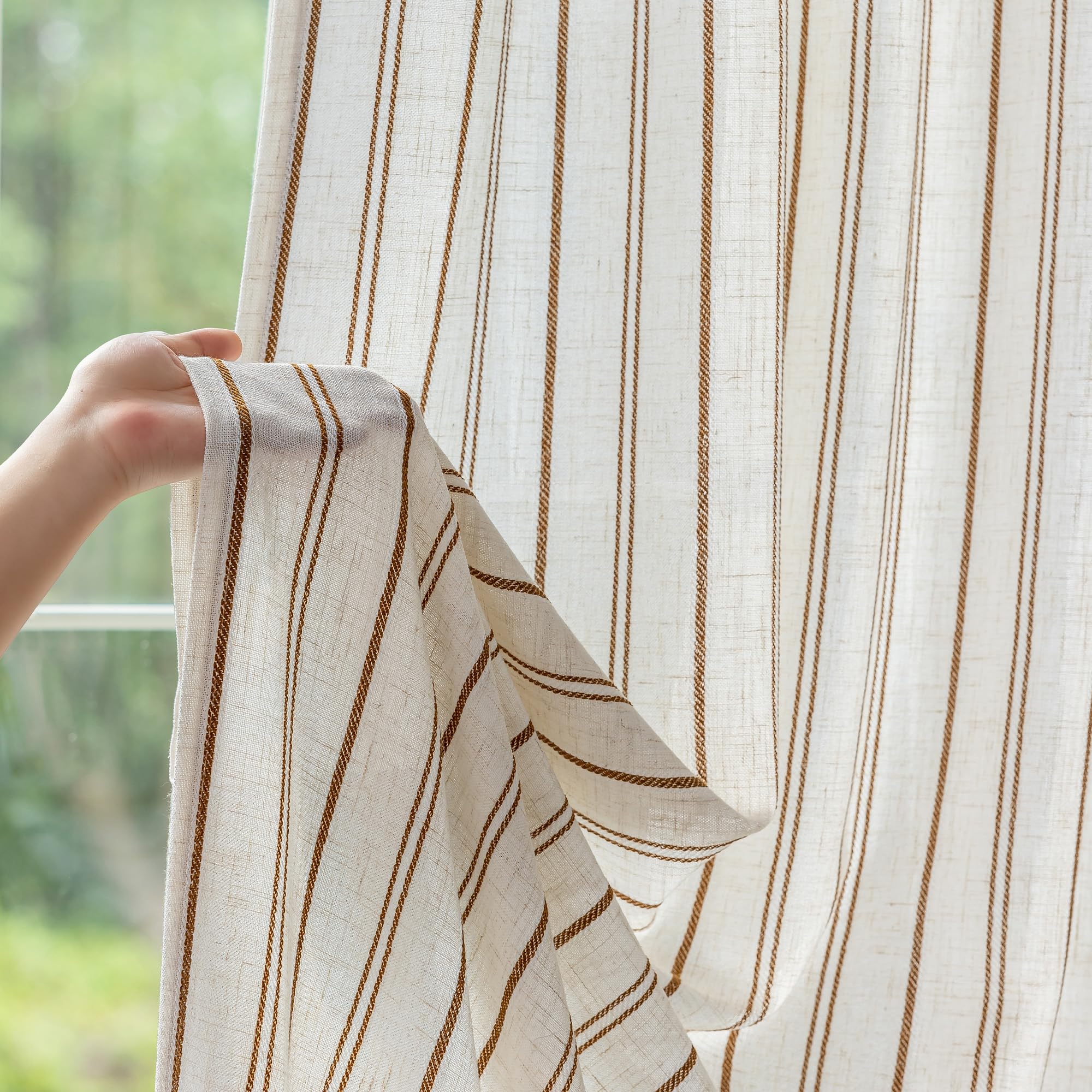 Rideau Voilage 140x245cm Lin Beige à Rayures Verticales Kaki 2er