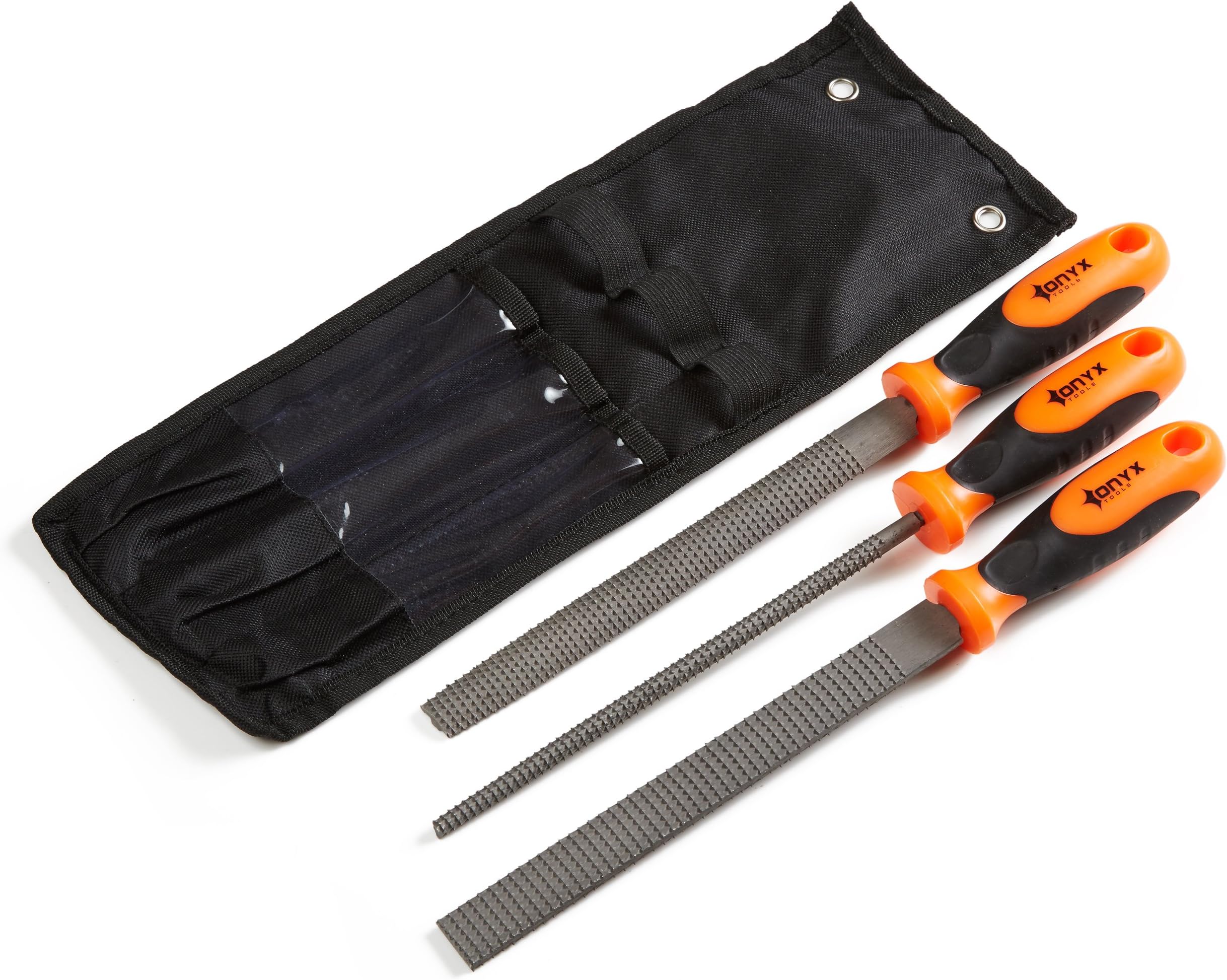 3 Piece 8" Wood Rasp File Set with Rubber Grip + Plastic Handles - Includes Hand Cut Round, Half-round, and Flat Rasp File Kit - Curved and Flat Tools Give Variety of Woodworking Options to Shape Wood