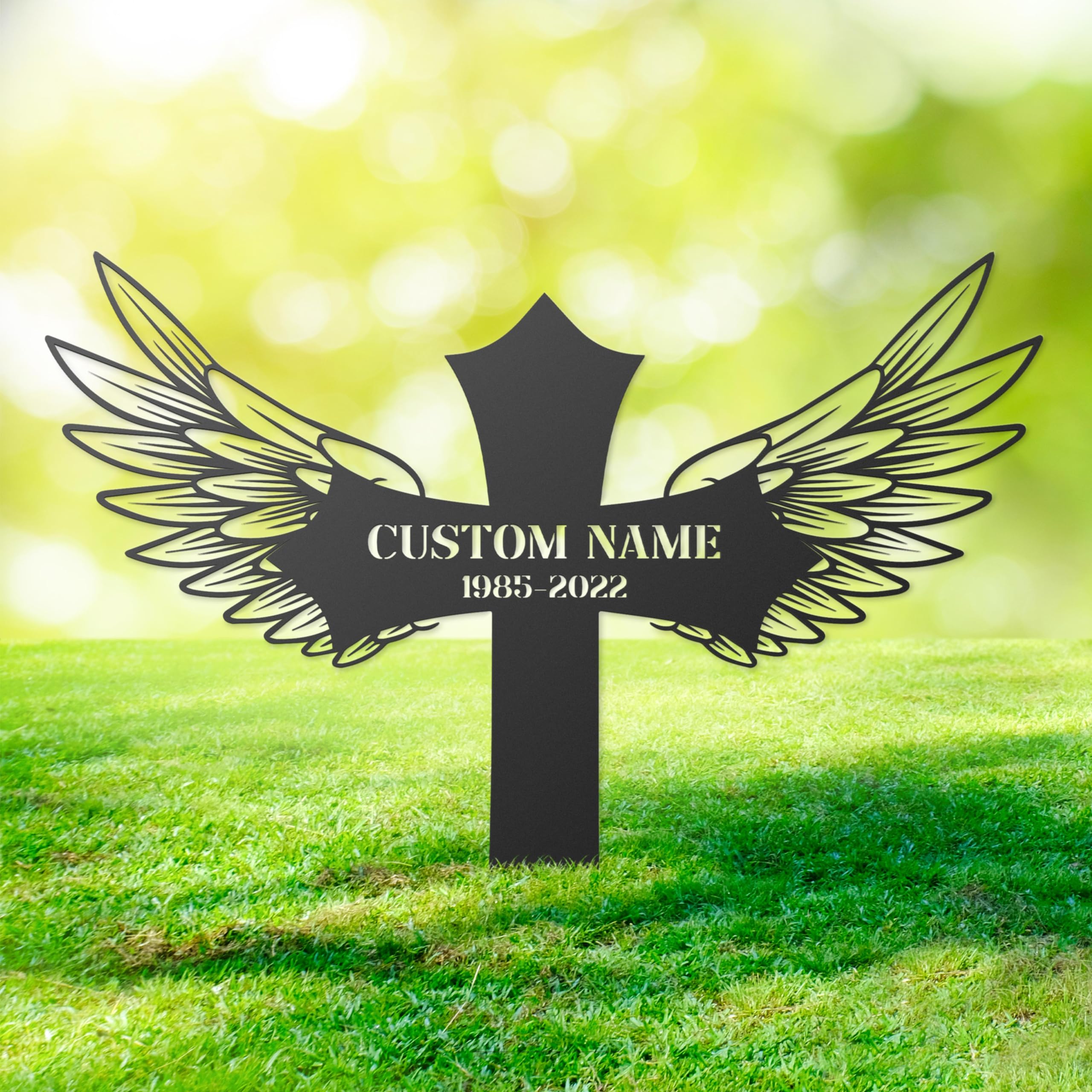 Human Grave Marker Personalized, Metal Memorial Plaques, Cross Remembrance Stake for Outdoors, Loss of Loved One Stake, Temporary Plaques for Cemetery, Cross with Wings